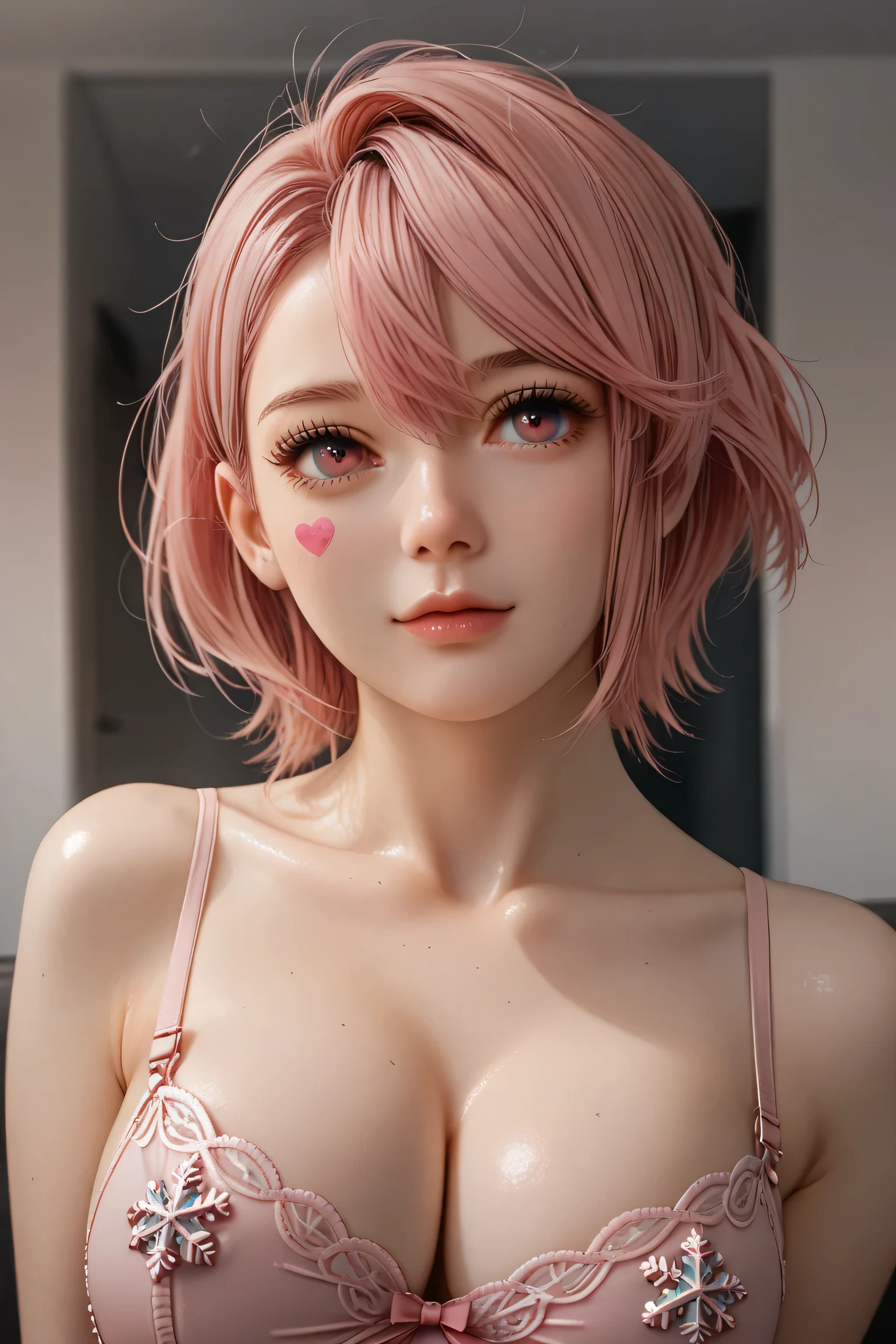 ((masterpiece, Highest quality, Best image quality, High resolution, Realistic, RAW Photos, 8k))、 (girl)、crystal clear green eyes、Sharp eyes、Thin Nose、Beautiful Face, 1 female、、(((topless、Lower body naked:1.5)))、magical pink girl outfit,frilled mini skirt:1.3),(white shirts:1.1),(magical brooch:1.1),gloves,hair bow, hair ornament, (bare sholder:1.3),(blunt bangs:1.1),(pink eyes,pink short hair,ahoge:1.2),earring,thighhighs,flat chest