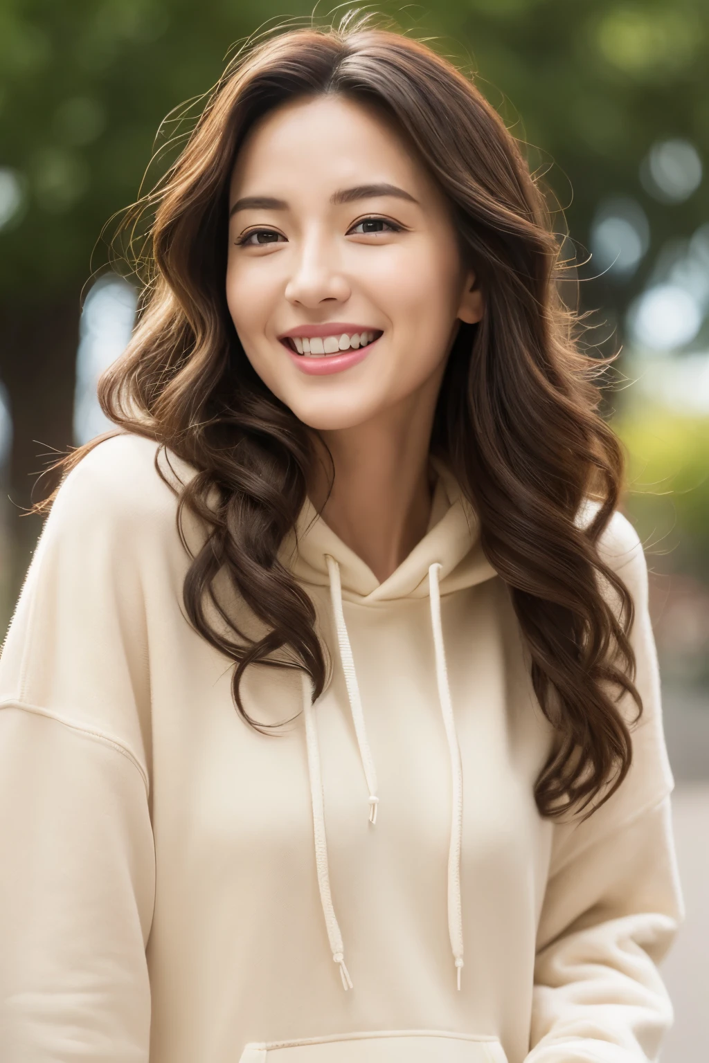 Petite woman with brown hair 30 years old、goddes、bloom、lensflare、(8K、raw、proffesional、top-quality、​masterpiece:1.2)、(realisitic、Photorealsitic:1.37)、ultra-detailliert、(Highest Details Skins:1.2)、(Supreme Detail Face:1.2)、Cinematographic lighting、1womanl、japanes、Short-cut brown hair、(Windy)、Warm white light、An embarrassed smile、shot from front、((top-quality、8K、​masterpiece:1.3))、Beautiful woman with perfect figure:1.4、、((dark brown  hair、Colossal tits:1.2))、Highly detailed facial and skin texture、A detailed eye、二重まぶた、Colossal tits、JINS　wearing a plain gray hoodie　the beach　hawaii　Overall photo