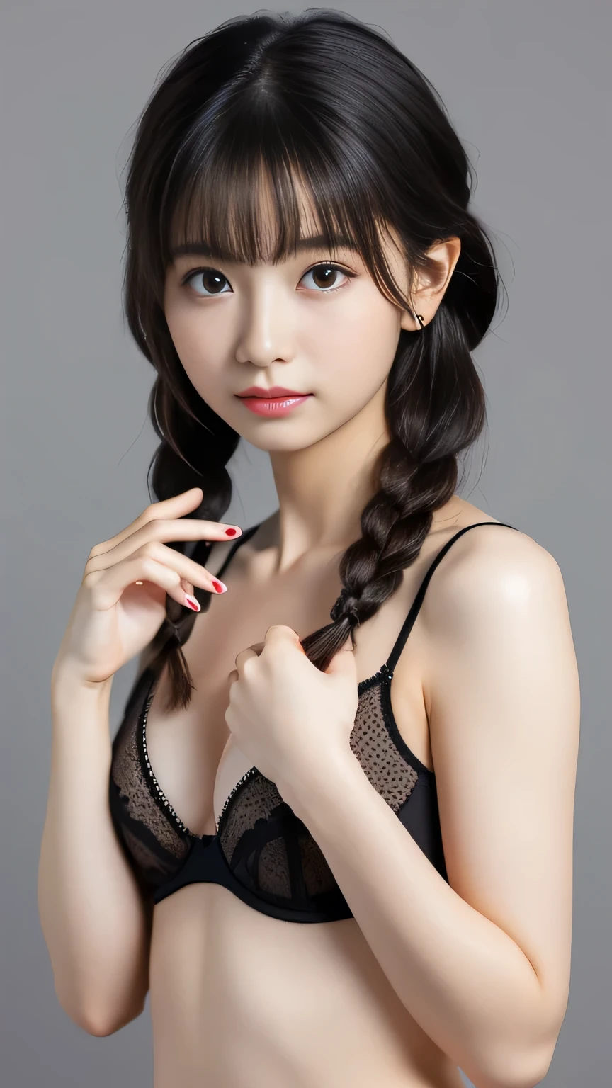 A one-of-a-kind masterpiece     ,        very focused       、      amazing、             super high resolution        、    Highly Detailed CG Unity 8K Wallpaper ,   cute、、   beautiful,      realistic     ,      black hair         , flower,  jewellery, nose,      realistic     , Alone,  (      braided      )      wavy hair      、  beautiful bangs、,   Hidden Fingers   、 small breasts、 Mischievous face  、     Full Body Portrait       (  Polka Dot Underwear 1              ,2)       ultra quality、    absurd、 Ridiculous 、   Award-winning works   、