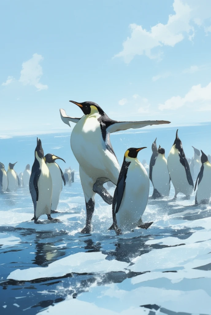 Emperor penguins dancing in the frozen North Sea; doing pirouettes and acrobatics, demonstrating dancing skills; masterpiece