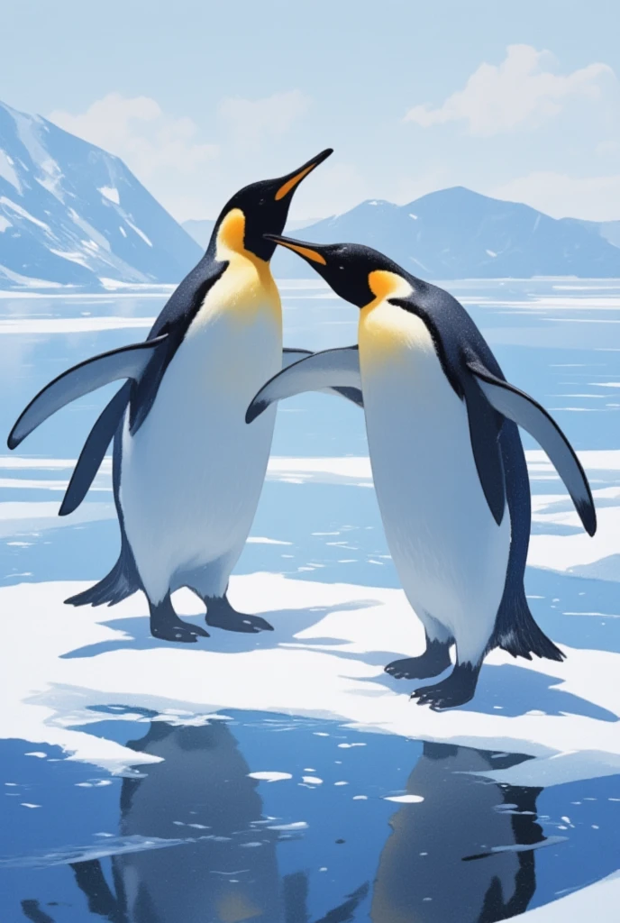 Emperor penguins dancing in the frozen North Sea; doing pirouettes and acrobatics, demonstrating dancing skills; masterpiece