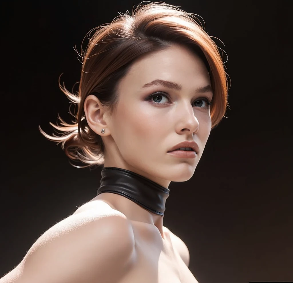 Gorgeous european woman with short hair, wet hair, hair slicked back, combed straight back, slick hair, streaked auburn hair, seductive pose, karen gillan, dressed in a sheer white net bikini, cleavage, solid dark grey background