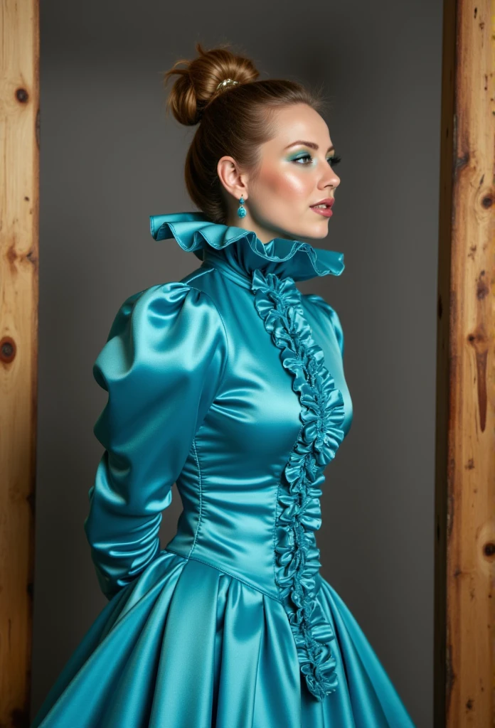 (realistic photograph close up sideways cheerful), (a pleased beautiful European orgasm looking lady with (messy hair bun), she is wearing (an elaborate extensive shiny cyan silk dress with (long gigantic puff sleeves), (and an ultra high narrow stand-up collar reaching to her cheeks) (with a gigantic ruffle on top of the collar reaching to the top of her head), (she has her hands behind her back)++++, (two happy females are grabbing her and bring her forward on a wooden beam gallows)