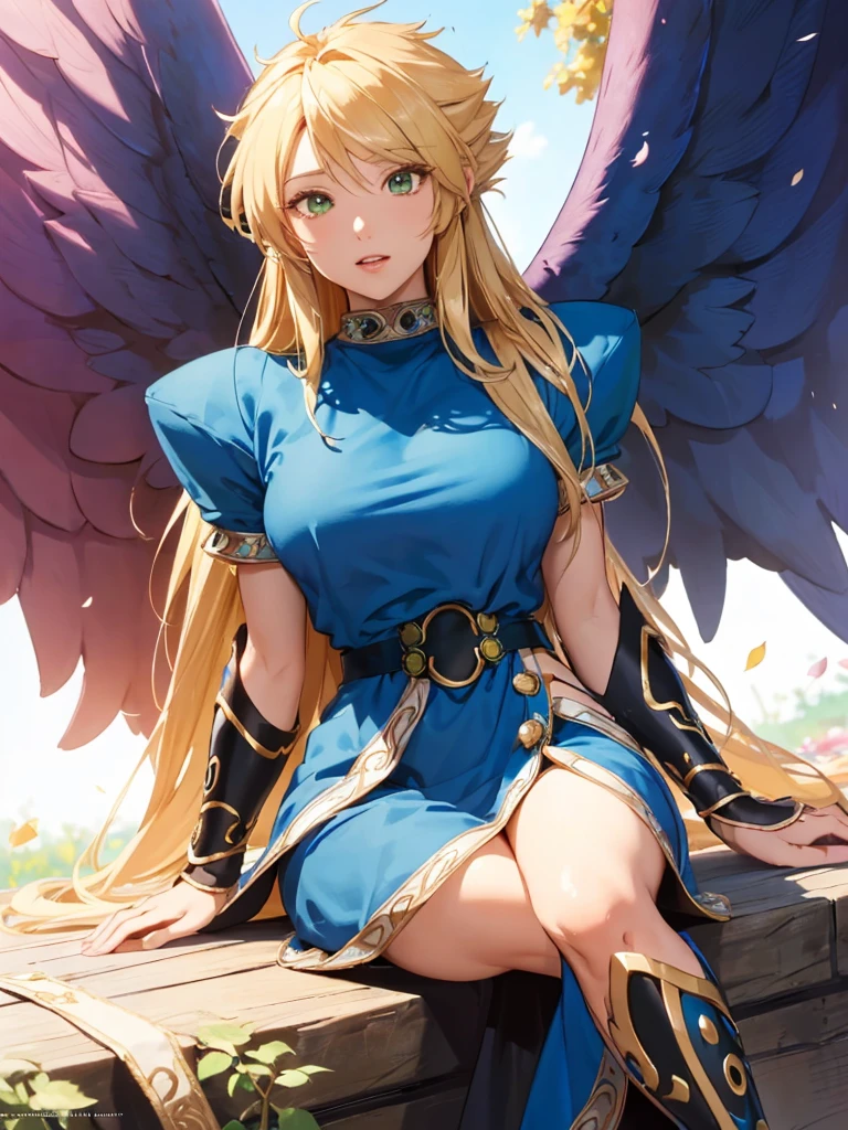 masterpiece, best quality, soft lighting, 1girl, solo, Nima, (gold long hair), (black big wings:1.3), (blue dress:1.3), sharp eyes, (vivid color), fantasy medieval village, (depth of field:0.7), Dreamlike, (highres:1.2), (ultra-detailed:1.2), (extremely detailed CG unity 8k wallpaper:1.2), (traditional media), (sketch:1.1), finely detailed beautiful green eyes and detailed face, blonde hair, (flying petals:1.2), dynamic colors, colorful, dynamic sitting pose, dynamic angle, (cinematic angle), breath of fire 2, Nina, medium breasts, (detailed eyes), cute, beauty, HDR, 4K, nier anime style, harmony, Nina, perfect anatomy, perfect hands