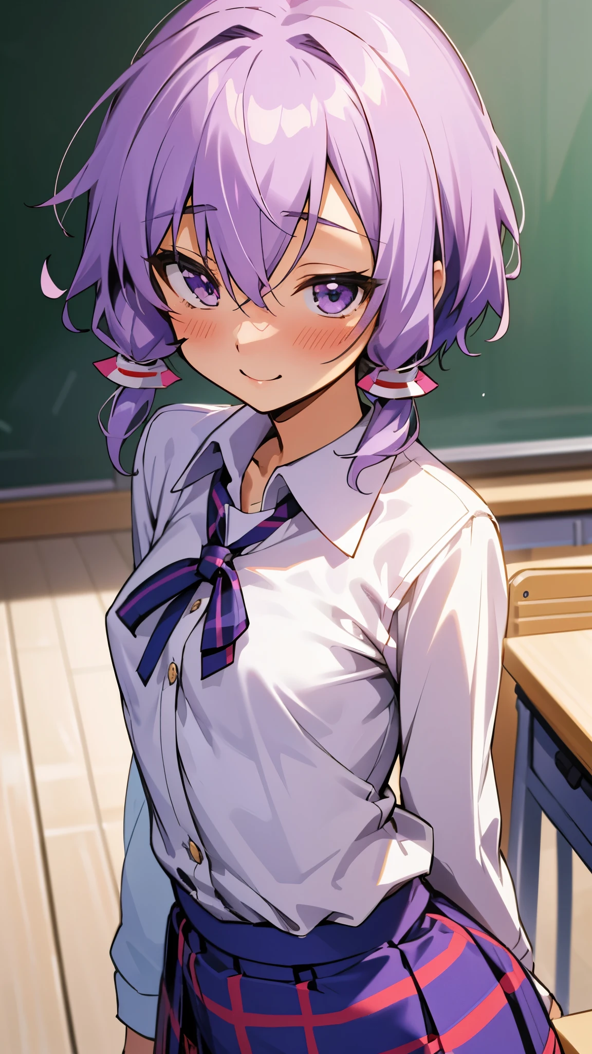 Genki Musume 、solo、Yuzuki Yukari、18 years old、 small tits、 Slender Body、smile、blush、Light purple hair、 short hair、( hair between eyes)、（white blouse shirt:1.2、 tartan check skirt）、 Upper Body Up 、 After School Classroom