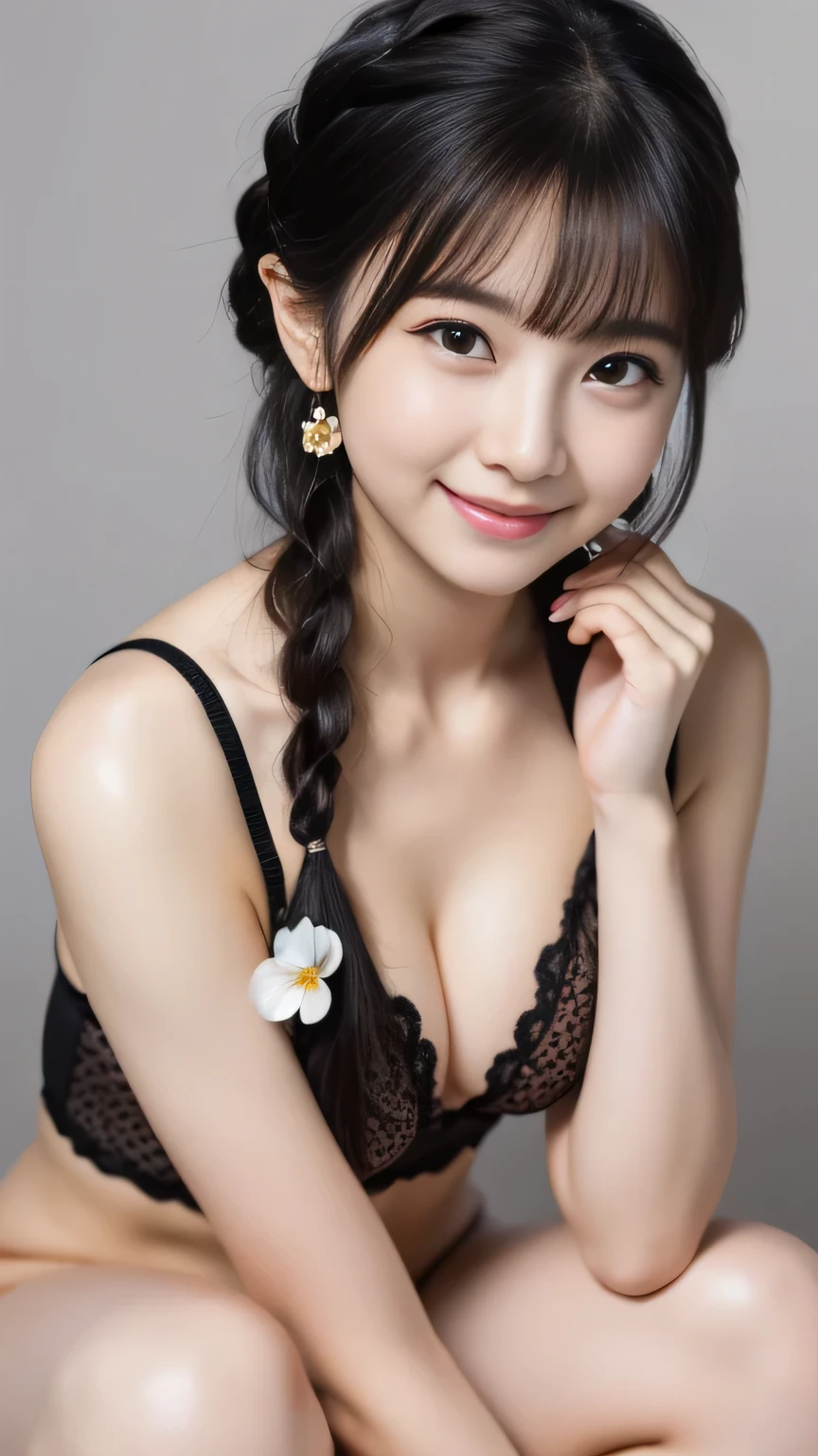 A one-of-a-kind masterpiece      ,         very concentrated        、       amazing、              super high resolution         、    Highly Detailed CG Unity 8K Wallpaper ,   cute、baby face、    beautiful,       realistic      ,       black hair         , flower,  jewellery, nose,       realistic      , Alone,  (       braided       )       wavy hair       、   beautiful bangs、,   Hidden Fingers    、 small breasts、 Mischievous face  、      Full Body Portrait        (  Polka Dot Underwear 1                ,2)        ultra quality、     absurd、 Ridiculous 、 Award-winning works    、A perfect smile