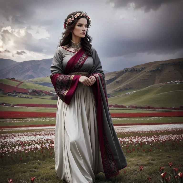  masterpiece ,  best quality , Persephone, flower hair,  Greek clothes ,  mature woman, standing, field, gray sky,  winter, neve, sad, THOUGHTFUL 