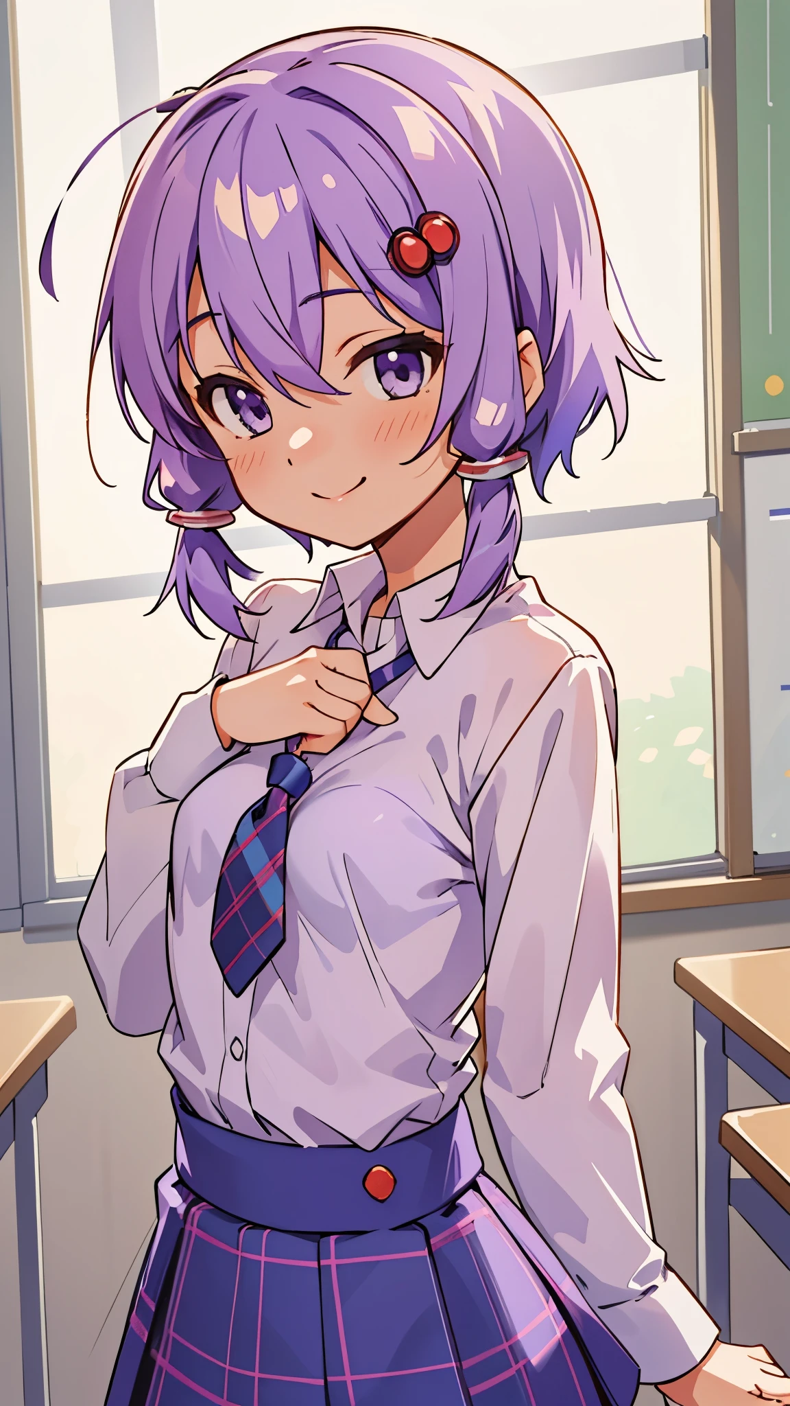 Genki Musume 、solo、Yuzuki Yukari、18 years old、 small tits、 Slender Body、smile、Light purple hair、 short hair、( hair between eyes)、（white blouse shirt:1.2、 tartan check skirt）、 Upper Body Up 、 After School Classroom