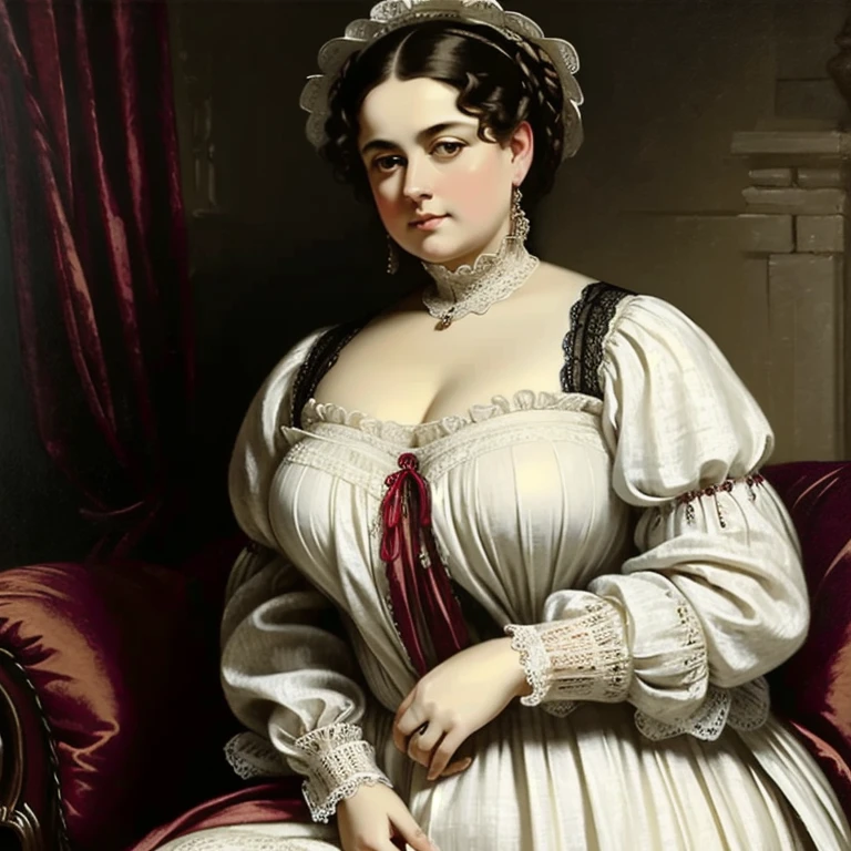  portrait painting of a beautiful and fat middle-aged woman,  extremely stunning ,  linen clothes ,  wearing a Victorian sweater dress or a chemise , by Peter Paul Rubens , Ao estilo by Peter Paul Rubens , by caravaggio, intricate,  ,  masterpiece ,  best quality ,  wearing chemise Victorian underwear , 