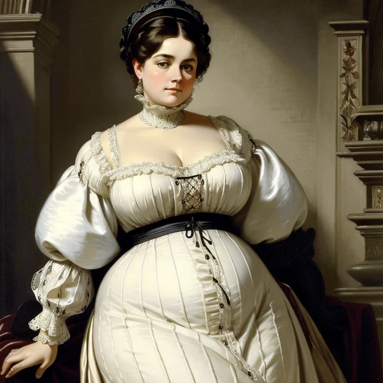  portrait painting of a beautiful and fat middle-aged woman,  extremely stunning ,  linen clothes ,  wearing a Victorian sweater dress or a chemise , by Peter Paul Rubens , Ao estilo by Peter Paul Rubens , by caravaggio, intricate,  ,  masterpiece ,  best quality ,  wearing chemise Victorian underwear , 