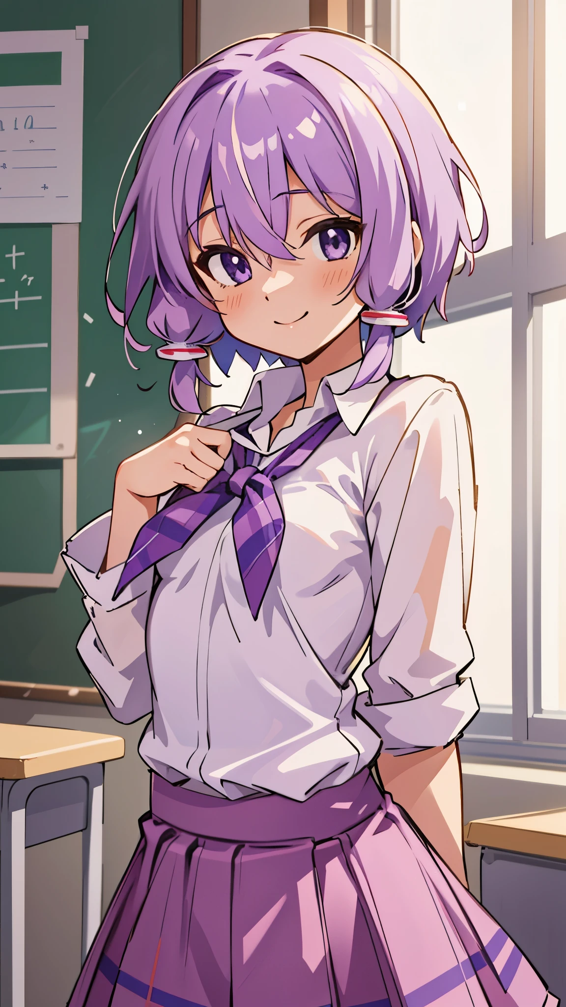 Genki Musume 、solo、Yuzuki Yukari、18 years old、 small tits、 Slender Body、smile、Light purple hair、 short hair、( hair between eyes)、（white blouse shirt:1.2、 tartan check skirt）、 Upper Body Up 、 After School Classroom