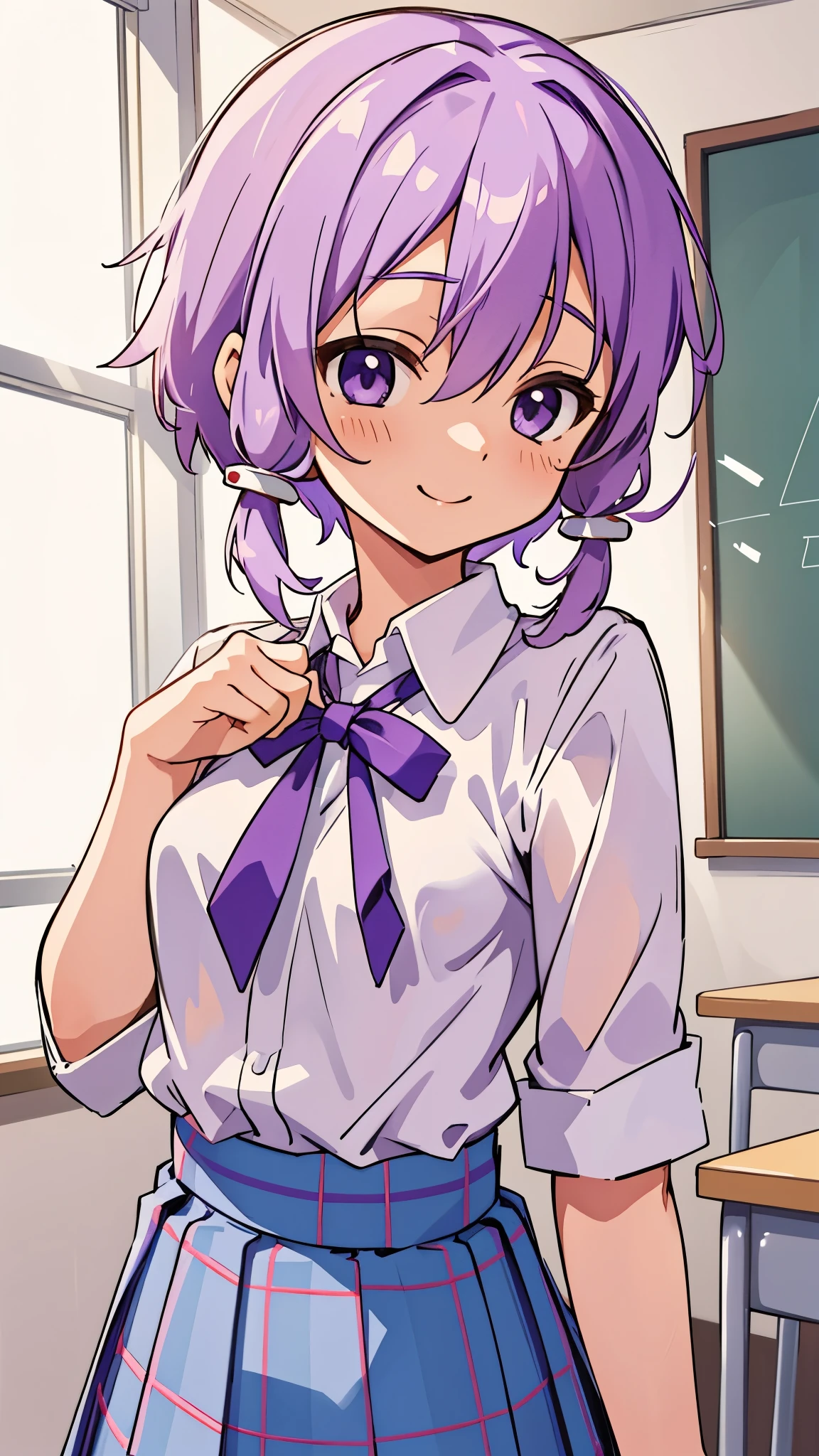 Genki Musume 、solo、Yuzuki Yukari、18 years old、 small tits、 Slender Body、smile、Light purple hair、 short hair、( hair between eyes)、（white blouse shirt:1.2、 tartan check skirt）、 Upper Body Up 、 After School Classroom