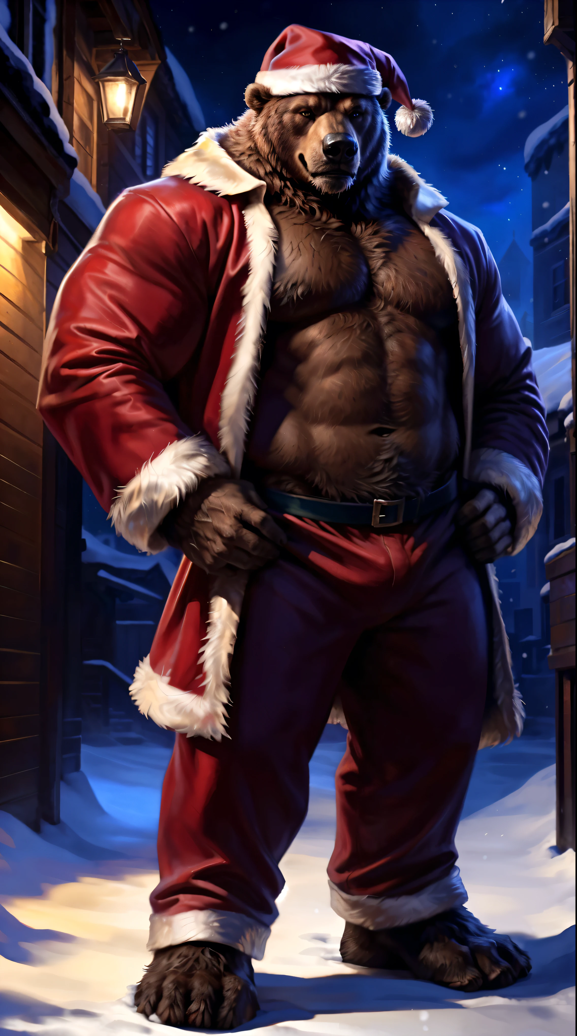 4k, high resolution, best quality, perfect colors, perfect shadows, perfect lighting, artificial lighting, full-length shot, posted on e621, furry body, solo, anthro brown bear, (large detailed plantigrade bear feet, monotone brown fur:1.3), male, adult, (strongman, burly abs, manly, brutal, masculine:1.2), winter, snow, ((night, Christmas decorations, garlands)), city alley, cold, correct anatomy, (photorealistic detailed fur, epic, masterpiece:1.2), (by Taran Fiddler, by Chunie, by Rukis, Bonifasko lighting), detailed bear eyes, standing stll, (smile), (both hands on hips:1.2), detailed speedo, big underwear bulge