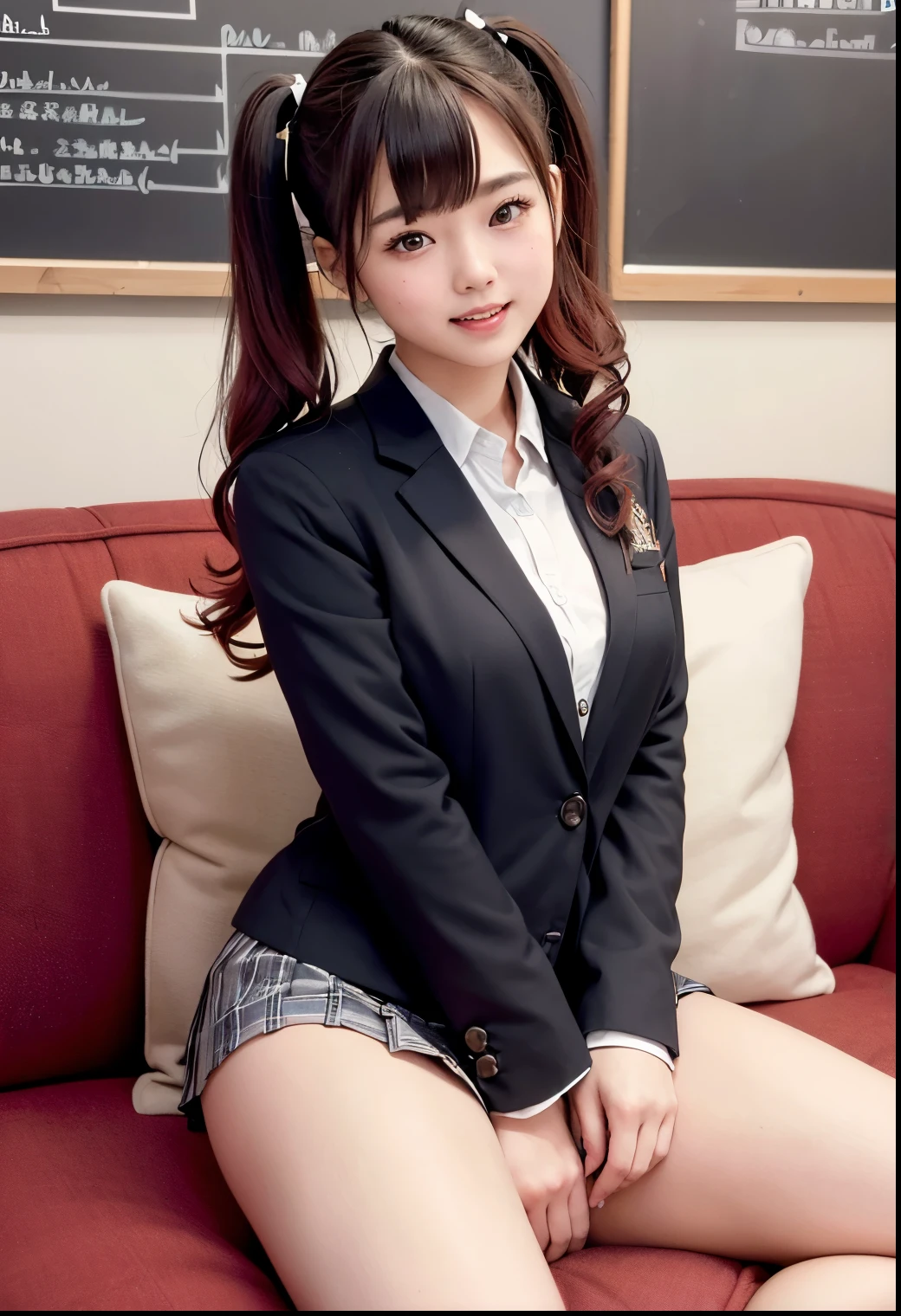 ( top quality,masterpiece:1.3, super high resolution ),( very detailed with crimson hair、 caustics) ( realistic :1.4, RAW shooting、)Ultra- realistic  Capture、 very detailed with crimson hair、 natural skin texture 、masterpiece、(Japanese  wearing a blazer uniform for students:1.3)、The front buttons on the blazer are off、 cute expression 、Expression of happiness、、: 、baby face、 innocent gingly cute、 rstyle 、Curly Hair、ribbon、 black hair、 Big Breasts、Shining thighs、Shining Ass、Filmed sitting on a sofa in a private room at a sex shop、Men and women sit on sofas、Background details、smile、 invite a gaze、( anatomically accurate )、 cowboy shot 、 attention to detail、Sit beside a man 、 touch a man's penis