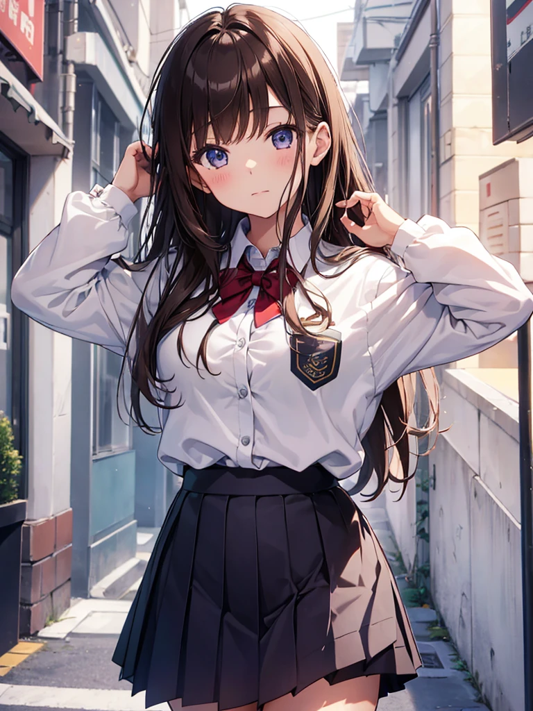 ((Tabletop, highest quality, High resolution, Hmph, Perfect Pixel, 4K, Hmph, Hmph))), 1 girl, single, alone, Beautiful woman、I could see the whole body、 ((Mid-wave hair, bangs, Brown Hair)), ((Brown eyes, Beautiful eyelashes, Realistic eyes)), ((Detailed face, blush:1.2)), ((Smooth texture:0.75, Realistic texture:0.65, Realistic:1.1, Anime CG Style)), Medium chest, Dynamic Angle, Perfect body, ((Red bow tie, , , White shirt, Black Skirt, Checked skirt)), City stairs、Angle looking up from the bottom of the stairs、Very embarrassing panic smile、Open your mouth in amazement、 looked back、(Leaning forward)、(The wind blew up her skirt, exposing her buttocks..........................、Stick your butt out、Touch your buttocks with both hands、White lace panties)