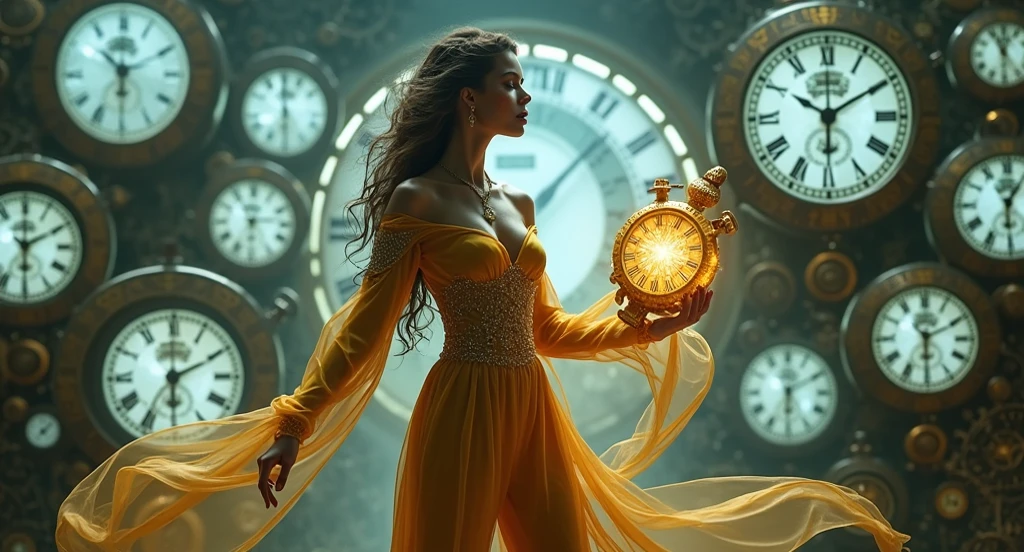 The goddess of gold and time, with a beautiful face and her fierce blue eyes pair with her wavy long dark blue hair cascades in her waist and her even white skin tone with her golden dress and gold accessories around her body, a pointy nose and a face with fierce eyes but calm face at the same time, standing beside a big clock and golds in her hands, she’s tall and represents a body shape with big boobs and big butt, holding alot of golden objects, sexy body and deceive deceiving look, an object in her hand and sitting in her golden clock with a sexy look and lust in her face and body, and big boobs with small waist and big butt