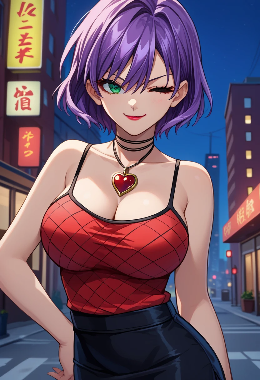 score_9, score_8_up, score_7_up, score_6_up, source_anime, 1girl, solo,  rinslet, green eyes, purple hair, short hair, choker, pendant, cleavage, red camisole, pencil skirt, black skirt, solo, large breasts, looking at you, upper body, city, smug, lipstick, wink, night