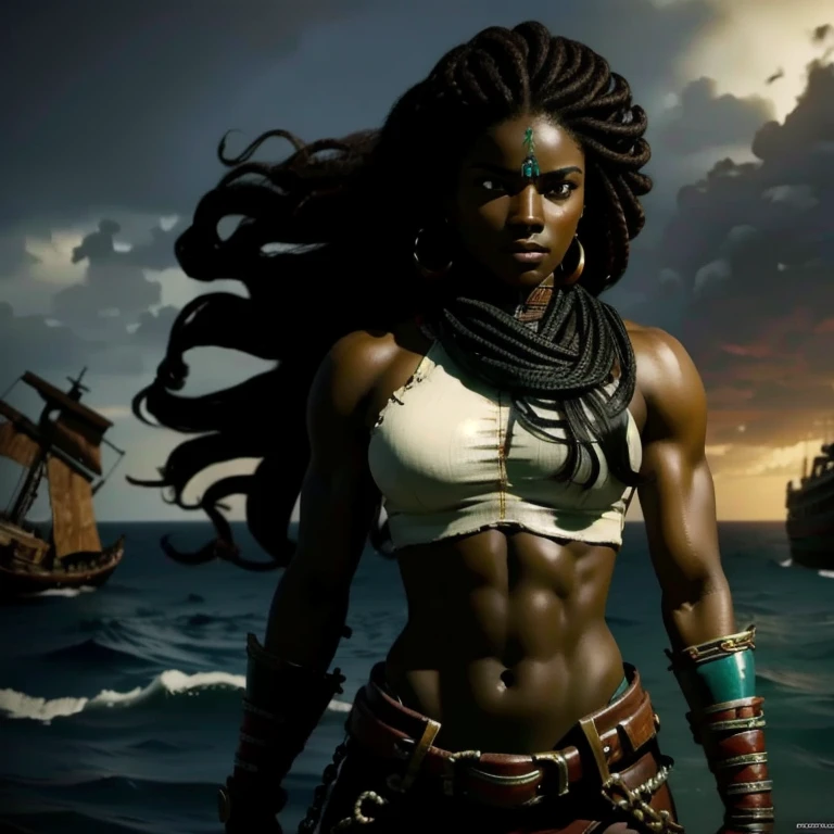 Illaoi, 1 ,  dark skin,  long hair, Muscular, Alone, standing,  detailed face ,  ultra detailed eyes,  looking at the spectator , cowboy shot,  upper body, standing in liquid , shipwreck, ( masterpiece :1.2,  best quality )