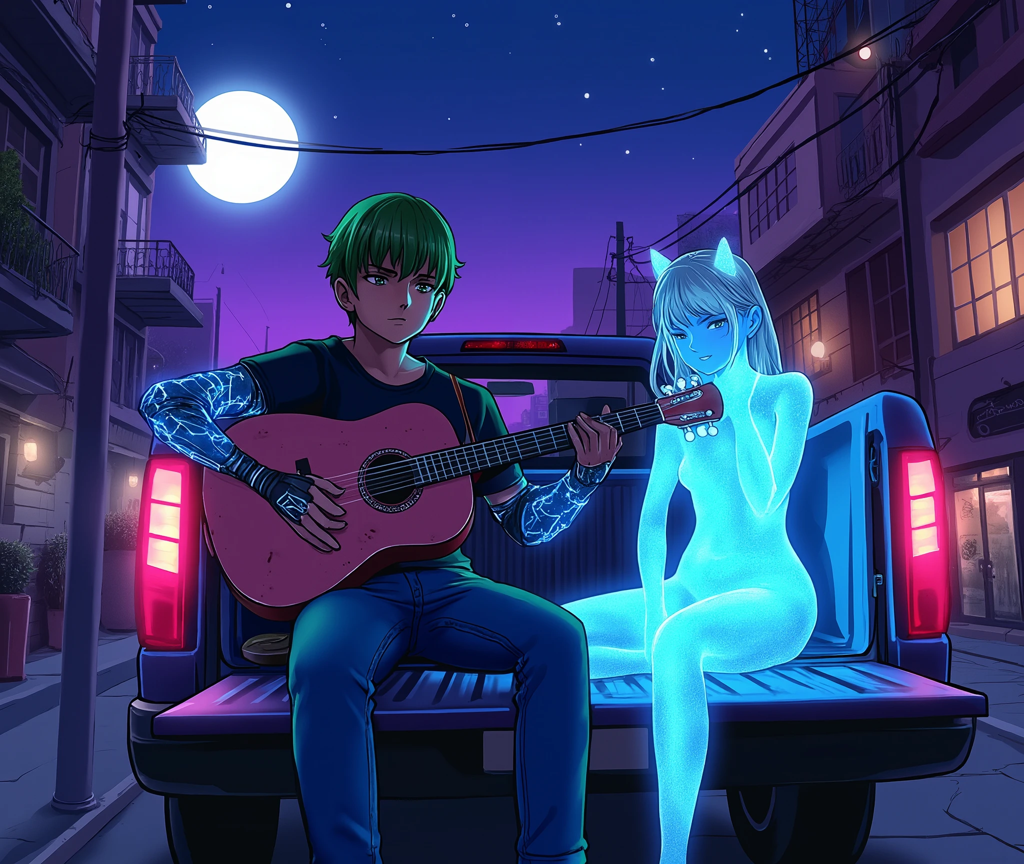 A wide shot with a lower-angle perspective in the classic 1980s anime style, rich in nostalgic and handcrafted details. A serene night scene featuring deep ultraviolet hues and vivid purples with high contrast. A young man, 1.75 meters tall, with green hair and a mechanical arm emitting soft blue LED lights, sits naturally in the back of a pickup truck, playing an acoustic guitar. The guitar is marble pink with an intricate design but does not emit any light. He wears a black shirt and denim jeans. Beside him, also sitting naturally on the truck bed, is his glowing blue hologram girlfriend, 1.60 meters tall. Her entire body is smooth, glowing with a glittery, ethereal texture, resembling a seamless holographic figure. She has long silver glowing hair floating dramatically as if underwater, and she has antenna-like ears resembling cat ears. Her sparkling figure flickers with intense VHS glitch effects. The urban nightscape in the background features old buildings with intricate lit windows, detailed power lines, a starry sky, and a glowing full moon. The scene uses cool tones of blue and black, emphasizing a peaceful yet nostalgic and futuristic ambiance.