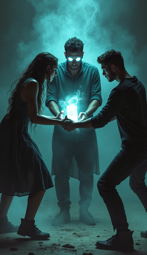 Muscular man wearing a shirt with long shorts Long loose shorts With pockets on the sides with converse sneakers red T-shirt and brown shorts Long short, Normal musculature With beard and baseball cap Realistic musculature In a spectral world in the dark with a flashlight with blue light and a terrifying specter, he has in his control his blonde goth friend in a gothic dress and black lipstick with white eyes 