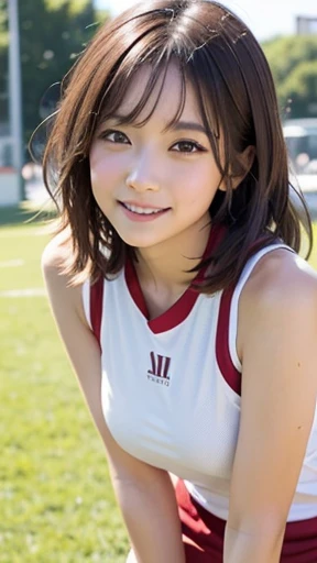 Whole body 1.3,(8k、highest quality、masterpiece:1.2)、(Realistic、Realistic:1.37)、Super detailed、超A high resolution、1 girl、(Beautifully detailed face、Golden ratio face、Balanced Eyes、double eyelid)、Beautiful and detailed skin、Skin Texture、professional、Height of Japanese people 、Elementary school girl、smile、Red volleyball player uniform,Volleyball court、