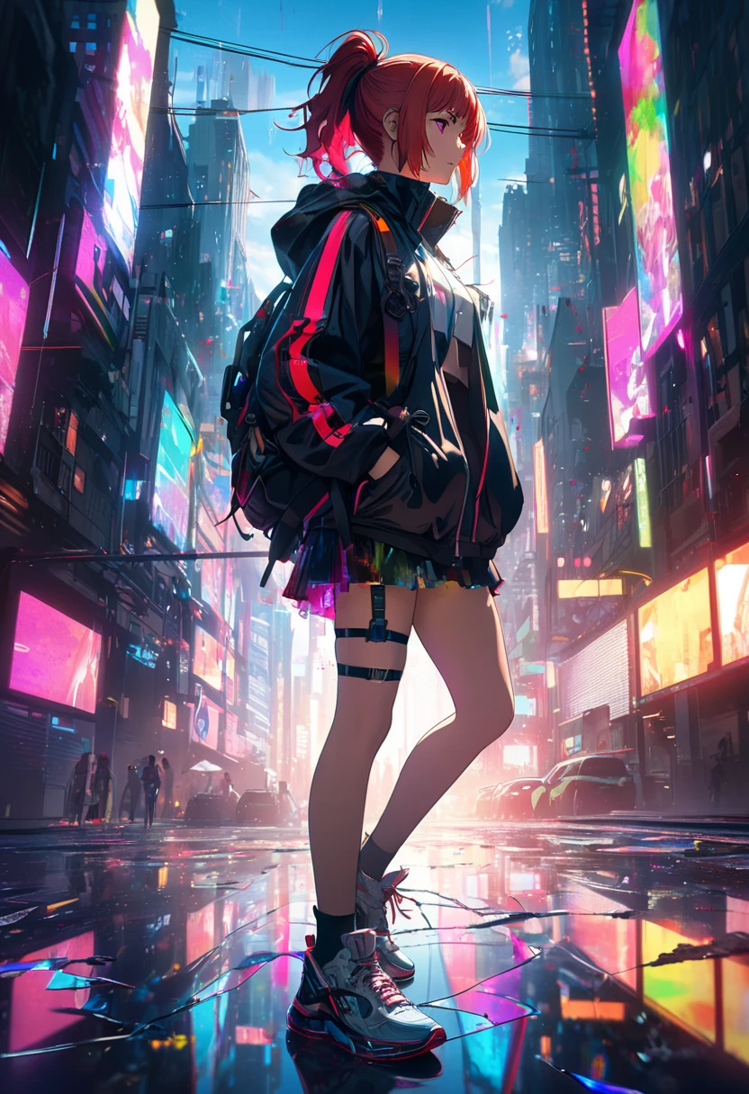 Taken from below, BREAK, A Dystopian city with pink and purple neon signs and holograms projected on buildings and sky, BREAK, A Beautiful woman with slim body shape, lip stick, Purple glasses, long red hair, twin braid, short skirt, BREAK, Night, cyberpunk aesthetic, Highly detailed lighting, Dramatic, 8K, high-detail, Skin Texture, Realistic skin texture, armor, Best Quality, 超A high resolution, Photorealsitic, hight resolution, Detailed, Raw photo, BREAK, realistic anatomy, goddess, g string, knee stockings, full body shots, feet close up, lowest camera angle, 4k