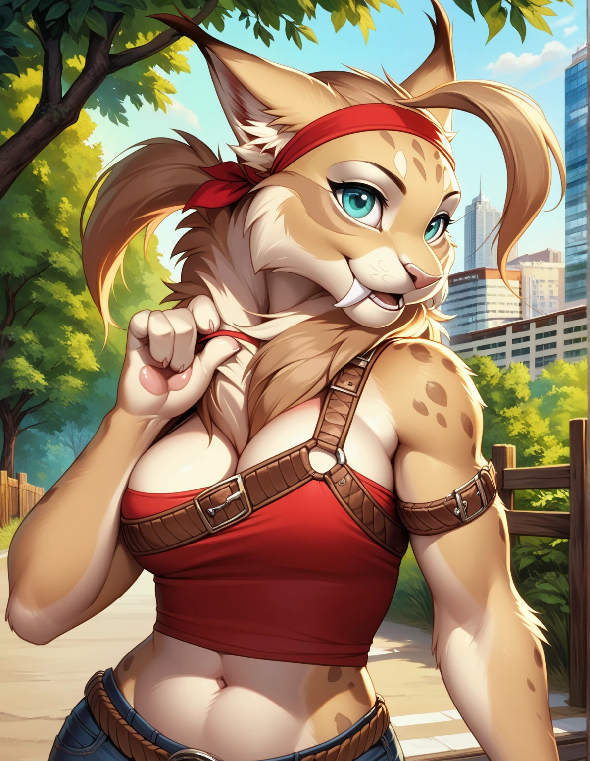 doubletroublexl, jade (kabscorner), 1girl, lynx, source_furry, realism, cowboy shot, belt across breasts, white and red shirt, headshot, upper body, face focus, solo, pulling on headband, female focus, happy, tan fur, red headband, short blond hair with fringe, white and red tank top, brown leather boob strap, thigh and arm straps, green outdoors background with trees and a wooden fence fence, clearing, road, building, detailed fur, score_9, score_8_up, score_7_up,