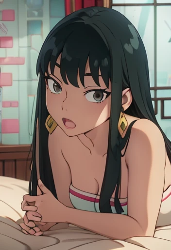 juniperlee, young girl, teen, black hair, indoors, crowd in background, bokeh, black eyes, long hair,  half-open eyes, nsfw, nudity, medium shot, tight waist , looking at viewer, seductive pose, , dancing, strip club setting, strip club, neon lights in background, 1girl, upper body, closed mouth, indoors, pussy, on stage, large breasts, smile, pussy, hips, highlight in hair, pink highlight, pussy, 