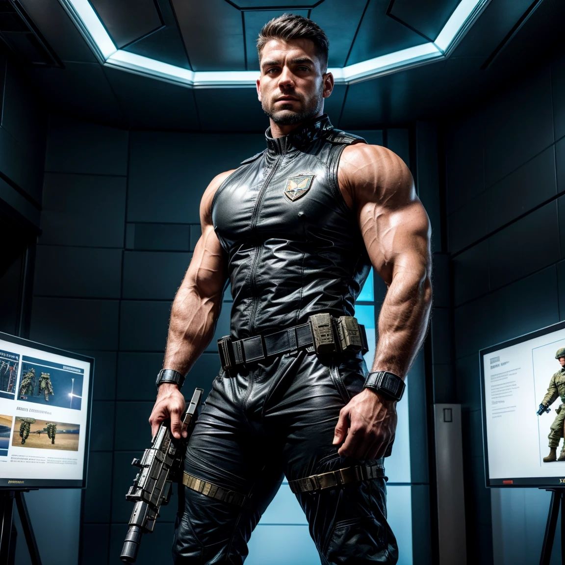 arafed man in a helmet and leather straps holding a gun, sci - fi armour! muscular, muscular! cyberpunk, muscular!! sci-fi, cyberpunk gladiator, cyborg fashion shot, armored, attractive beefy male with armor, futuristic armor, armored warrior, [ rigidly defined abs ]!!, heroic masculine pose, with futuristic gear and helmet