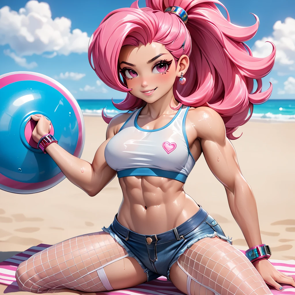 Uma garota sexy com cabelos castanhos, ela tem os maiores peitos do mundo, she is at the gym, wearing a small pink bikini
