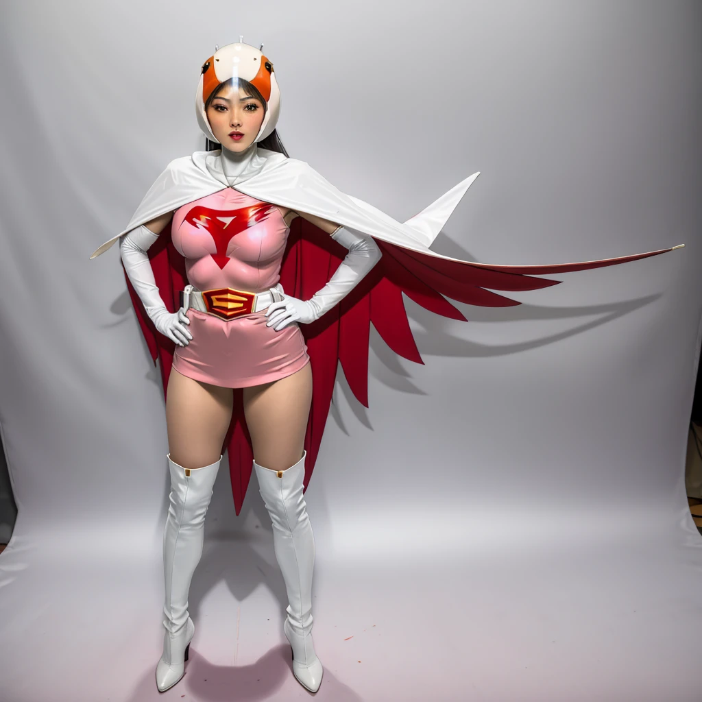 ANI_CLASSIC_jun_gatchaman_ownwaifu,1girl, 15yo,good anatomy, masterpiece, best quality,realistic, hyper realistic, 16k hdr, long hair,breasts,lips,large breasts,lipstick,makeup,gloves,cape,helmet,belt,elbow gloves,white gloves,mask,ultra miniskirt,leotard,spacesuit,white tight overknee highheels boots,pink dress,superhero,bodysuit,cleavage,erected nipples,(stand pose,hands on hip),(spread legs:1.1),cameltoe