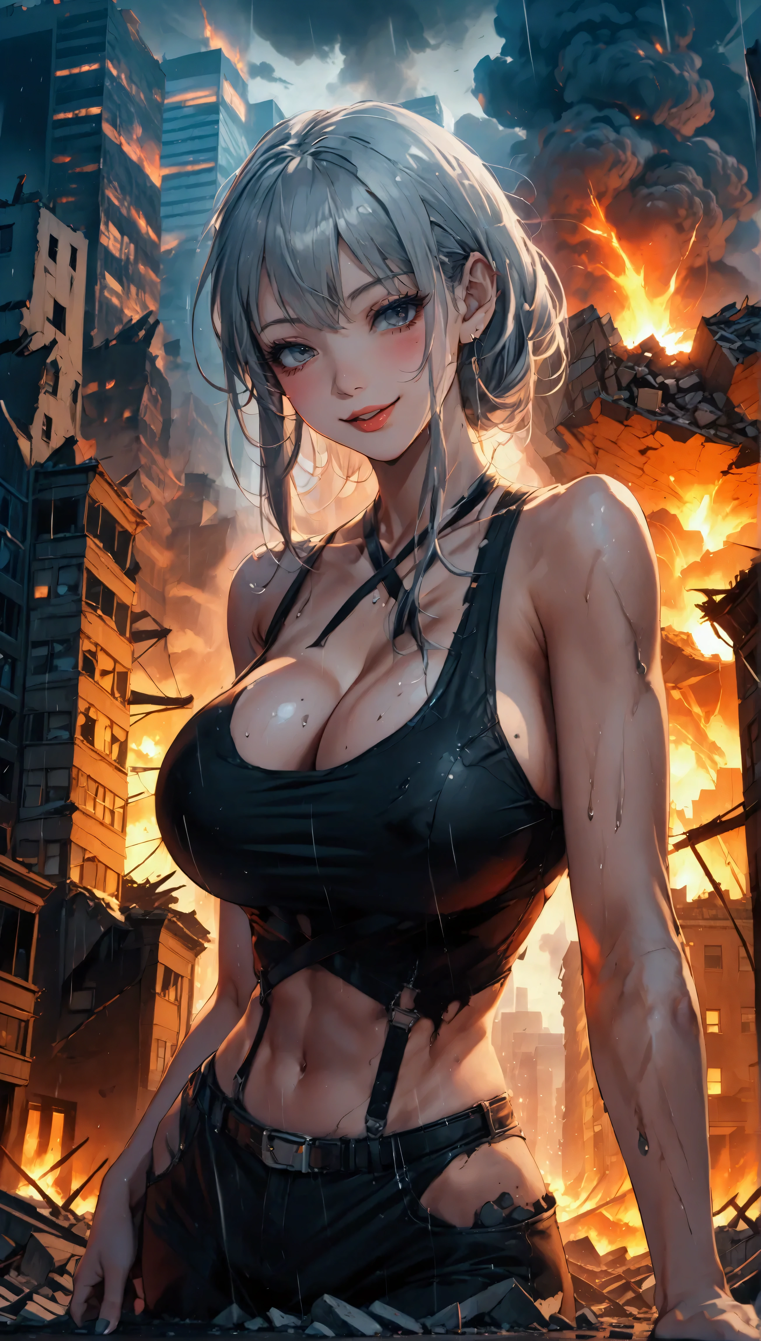 Score_9, score_8_up, score_7_up, score_6_up, (source_anime), 1girl, GTS, giantess, mature, light blush, bend over, open mouth, tongue,long hair, grey hair, huge breasts, 1girl,solo,city,sky,giantess,building,fur-trimmed jacket,evil smile,breasts milk,city, night, rain, city, giga giantess, gts, giantess laying on a cityscape, destruction, rampage, huge craters, ravines, cracks in the ground, earthquake, smoke, fire, destroyed city, ruins, rubble, debris, crumbling, destroyed buildings, knocked over buildings, toppled skyscrapers, crumbling buildings, falling buildings, rampage in the city, destruction in the city destroyed cityscape,wet