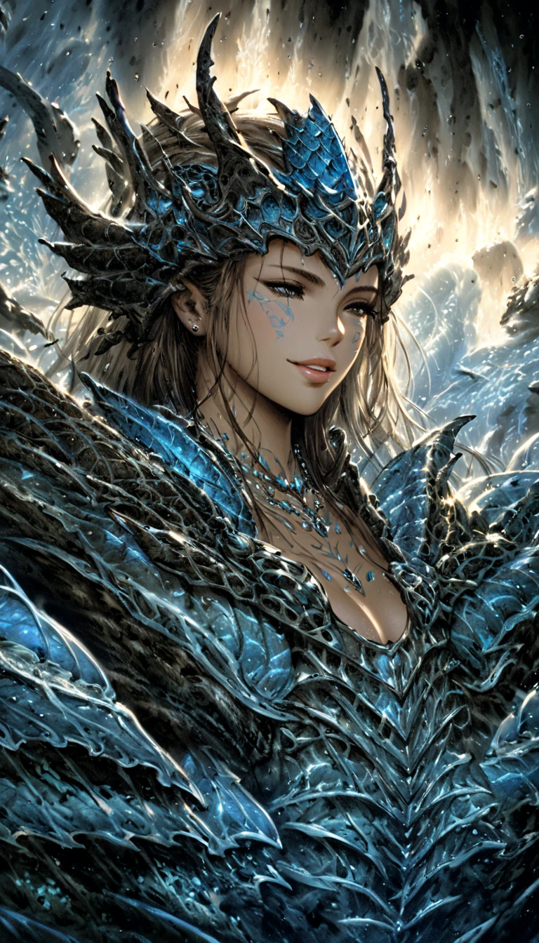 drawing by Luis Royo, dark low lit head and shoulders shot of a beautiful New Zealander woman smiling, detailed face, stunning beauty, detailed skin, skin texture, skin pores, (freckles:0.4), (focus on character:1.1), portrait, looking down, (high fantasy medieval theme:1.1),  mystical atlantean, aquatic guardian, gills, fins, scale pattern, breathing underwater, stoic, wearing aquatic armor,  pearl jewelry, aquatic tattoos,  water manipulation,   oceanic depths, underwater, realm enveloped in tidal currents, mythical aura,   sunken ship wreckage, advanced technology,  ocean floor in background,  surrounded by (seahorses:0.8), translucence, dynamic shadows, cinematic atmosphere,. high quality, highly detailed, 4k, 8k, sketch 