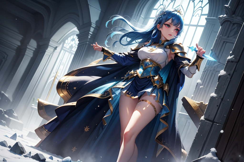 (masterpiece), best quality, realistic lighting, HDR, ultra high quality, 4K, ray tracing, unreal engine, solo, 1girl, full body, expressive eyes, perfect face, bright blue hair, ((bright red eyes)), ice queen expression, young girl, aggresive eyes, serious face, medium breast, thighs, see through blue dress, crystal clear blue dress, ((transparent panties see through skirt)), ((blue short skirt)), crystal clear short skirt, (golden shoulders armor), golden boots, golden armor, ice sword, ice wand, royal palace, snow and windy battlefield, throne in the background, army behind, knight behind, depth of field effect, snow castle