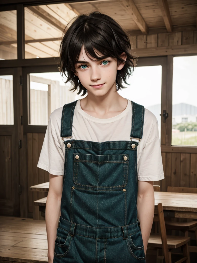 (best quality), 1boy, young boy, pale skin, black hair, medium hair, tousled hair, messy hair, bangs over eyes, green eyes, dark circles under eyes, light smile, scrawny body, overalls, cute, masterpiece, anatomically correct, highres
