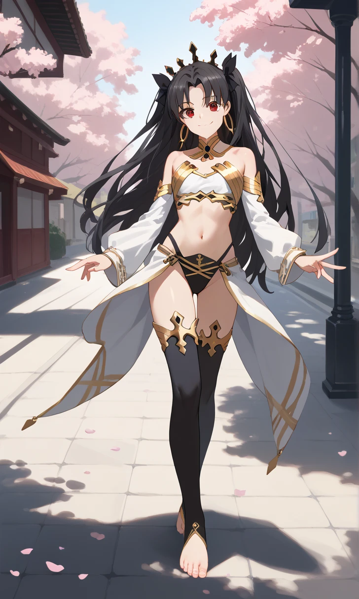 ((Full body photo, standing, feet on the floor))score_9, score_8_up, score_7_up, source_anime, 1girl, solo, outdoors, street, cherry blossoms, cowboy shot, standing, looking at viewer, shiny skin,ishtar, red eyes, black hair, long hair, two side up, parted bangs, black ribbon, hair ribbon, tiara, hoop earrings, jewelry, neck ring, bikini, single sleeve, detached sleeves, single thighhigh, black thighhighs, double v, closed mouth, smile, close-up