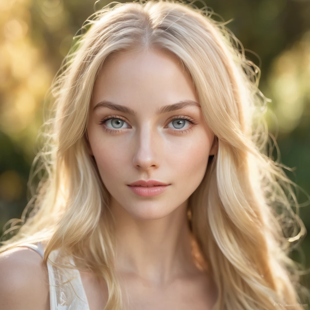 A highly realistic close-up portrait of a woman with an angelic face, long flowing blonde hair, and large expressive eyes. Her skin is fair and naturally radiant, with visible texture and a soft, serene expression. The lighting is gentle and natural, enhancing her facial features and adding a warm, luminous glow to her hair. The background is blurred and subtle to keep the focus on her lifelike and captivating face