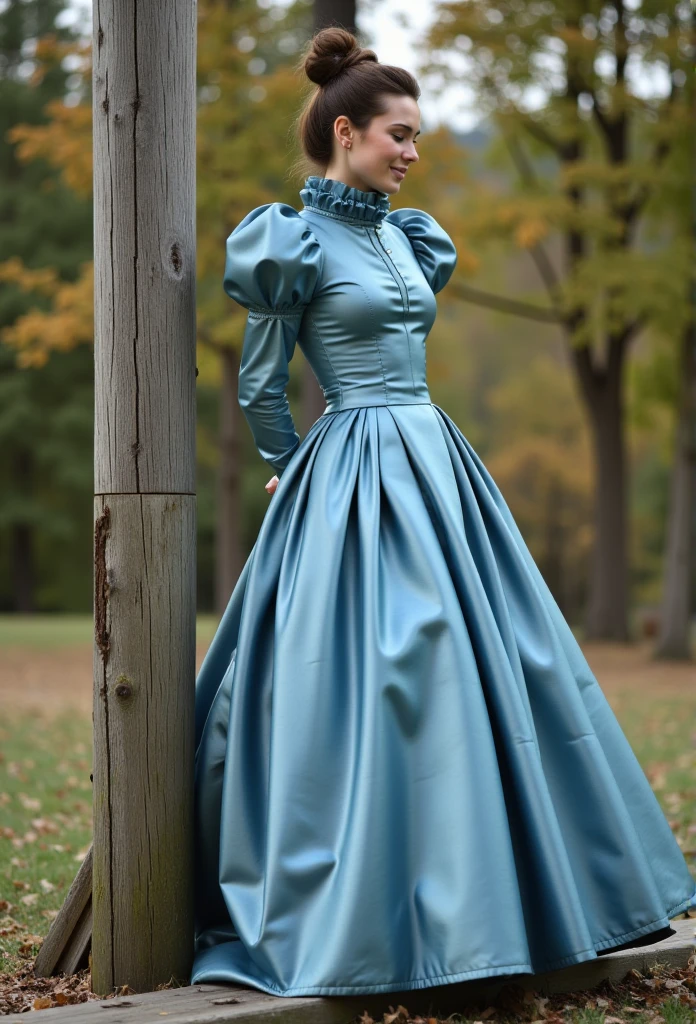 (realistic photograph close up sideways cheerful), (a pleased beautiful European orgasm looking lady with (messy hair bun), she is wearing (an elaborate extensive shiny babyblue silk dress with (long gigantic puff sleeves), (and an ultra high narrow stand-up collar reaching to her cheeks) (with a gigantic ruffle on top of the collar reaching to the top of her head), (she has her hands behind her back)++++, (two happy females are pushing her forward on a wooden beam gallows platform)