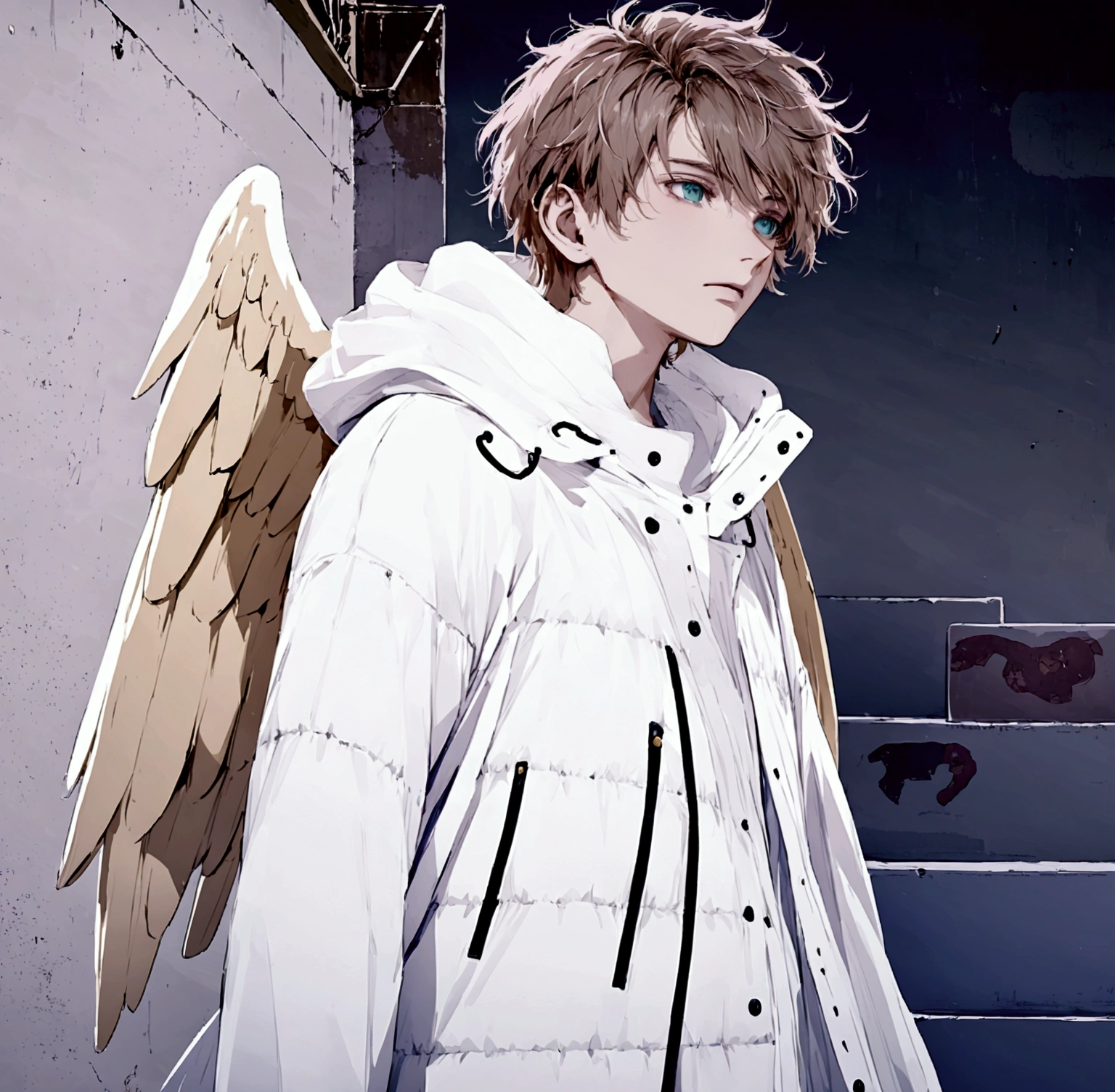  Add very large golden wings ,  keep your expression and the details of your face in an anime style. Lighten the background ,  make it cleaner ,  as if you were in the sky .