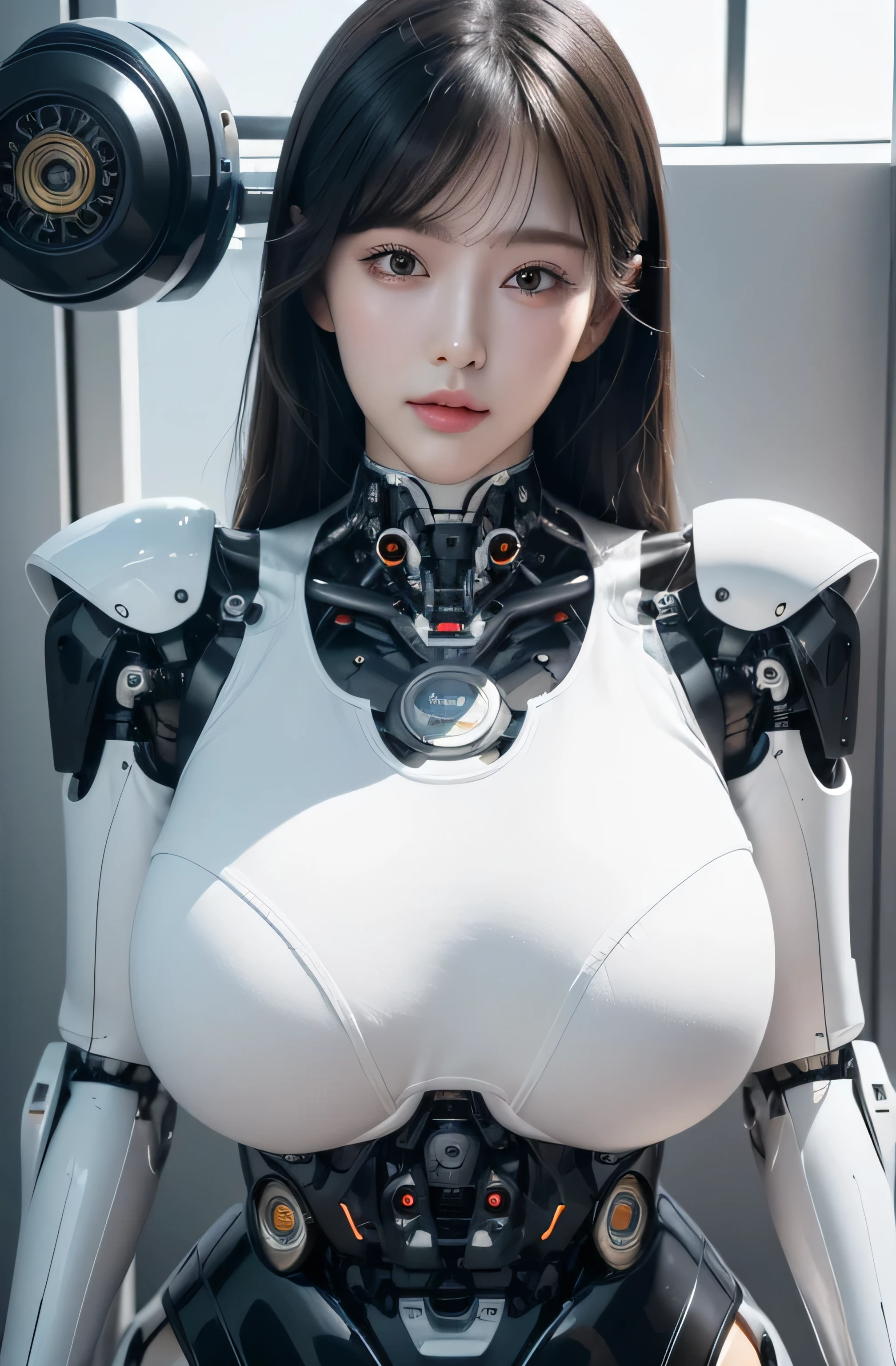 masterpiece, best quality, extremely detailed, (8K, 4K, Best Quality, hight resolution, 超A high resolution:1.1), 8K portrait,1girl in, Korean android girl,android teacher,Plump , control panels,android,Droid,Mechanical Hand, ,Robot arms and legs, Black hair,Mechanical body,Blunt bangs,White Robotics Parts,perfect robot woman,Charging spot,Long Tube,A thick cable was connected to her neck,ceramic body ,android,robot humanoid,a bit chubby,panty,full eyes,perfect mechanical body,white robotics body,future assembly plant,white body,She has repaired,black sponge joints,android assembly plant,android,laboratory,perfect machine body,white robot body, 20 years old