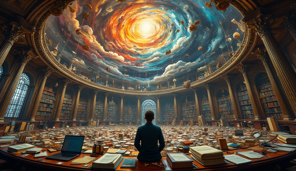 ((masterpiece)) ((photography)) ((Highest quality))  Create a surreal illustration inspired by the concept "Inside My Head Every Day," featuring a vast, circular room resembling a chaotic library. In the center of the room sits a lone figure, their back turned, overwhelmed by the sheer volume of books, papers, and scattered objects covering a massive circular desk that encircles them entirely.  

Above, a monumental and dramatic mural-like vortex on the ceiling represents the inner storm of thoughts, ideas, and emotions swirling endlessly. The vortex transitions from vivid, fiery tones in the center to darker, more somber shades at the edges, with flying figures, abstract symbols, and fragments of memories drawn into its pull.  

The space is lit with soft, natural light filtering through arched windows, but the overwhelming clutter and the towering walls of bookshelves create a sense of both inspiration and entrapment. The scene captures the paradox of a mind full of creativity yet drowning in its own intensity.