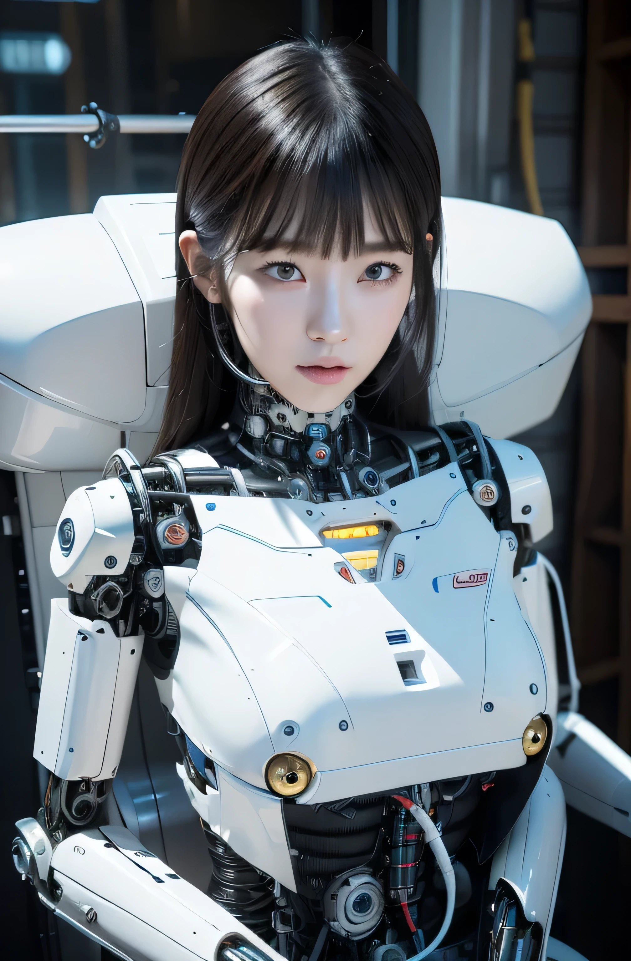 masterpiece, best quality, extremely detailed,  korean Cyborg girl,Plump , control panels,android,Droid,Mechanical Hand, Robot arms and legs, Black Robot Parts,Black hair,Mechanical body,Blunt bangs,White robotics parts,perfect robot girl,long tube,thick cable connected her neck,ceramic body ,mechanical body, mechanical ear cover, mechanical costume,android,robot,humanoid,cyborg,korean android woman ,mechanical chest,full eyes,future laboratory,connecting a cable between the legs, 20 years old