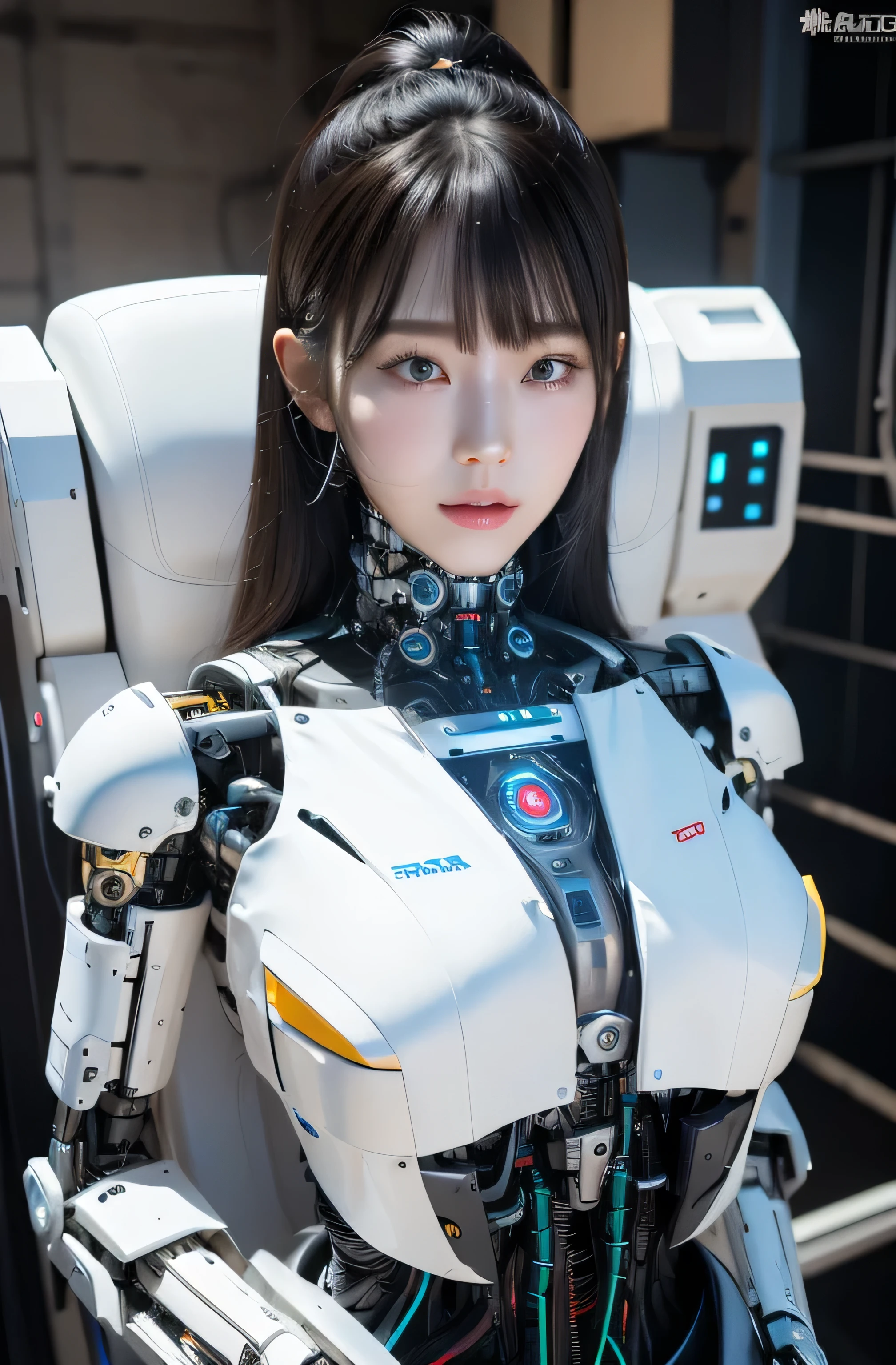 masterpiece, best quality, extremely detailed,  korean Cyborg girl,Plump , control panels,android,Droid,Mechanical Hand, Robot arms and legs, Black Robot Parts,Black hair,Mechanical body,Blunt bangs,White robotics parts,perfect robot girl,long tube,thick cable connected her neck,ceramic body ,mechanical body, mechanical ear cover, mechanical costume,android,robot,humanoid,cyborg,korean android woman ,mechanical chest,full eyes,future laboratory,connecting a cable between the legs, 20 years old