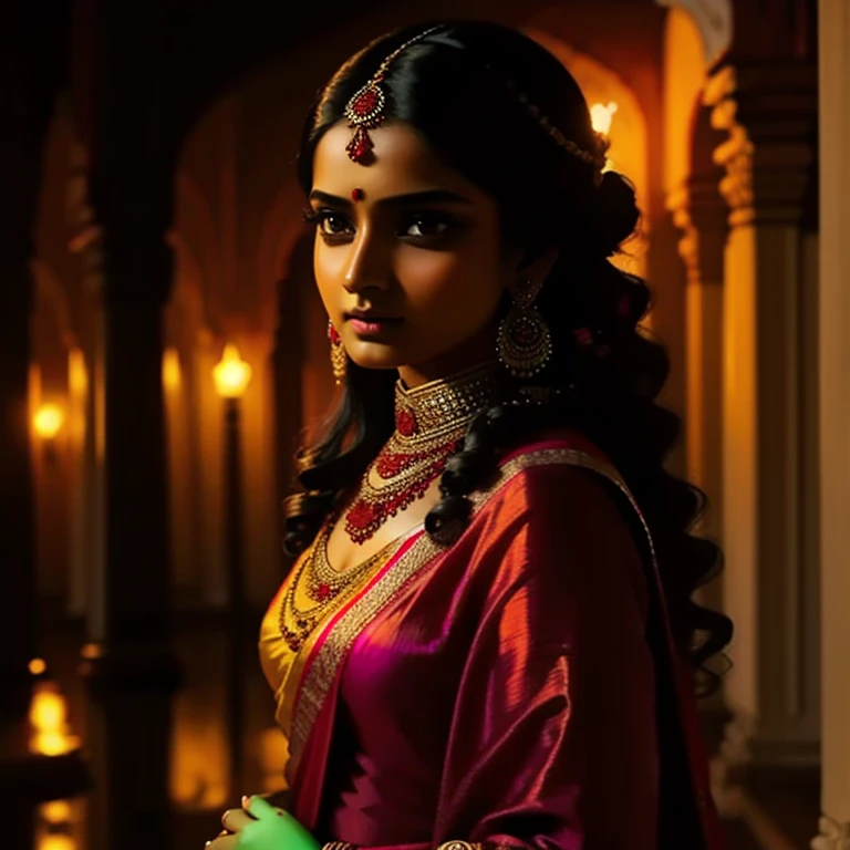 Young Indian woman ,  sexy blouse and sari , Old Palace , night, detailed body,  detailed face ,  ultra realistic , charming, ,  long curly hair, Perfect fingers,  ambient lighting ,  winter,  Detailed history , 8k