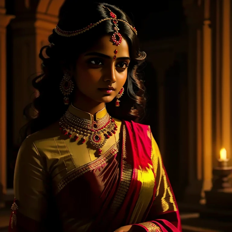 Young Indian woman ,  sexy blouse and sari , Old Palace , night, detailed body,  detailed face ,  ultra realistic , charming, ,  long curly hair, Perfect fingers,  ambient lighting ,  winter,  Detailed history , 8k