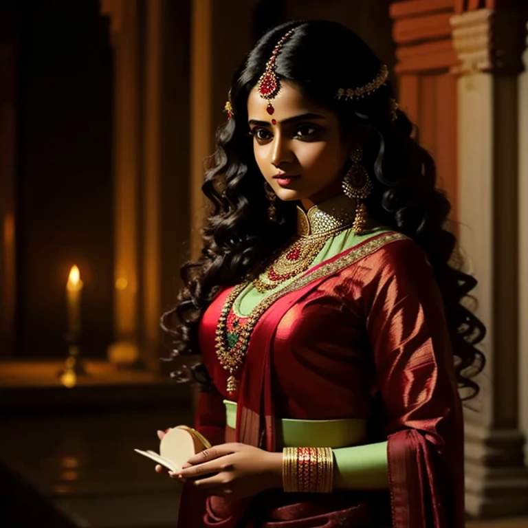 Young Indian woman ,  sexy blouse and sari , Old Palace , night, detailed body,  detailed face ,  ultra realistic , charming, ,  long curly hair, Perfect fingers,  ambient lighting ,  winter,  Detailed history , 8k