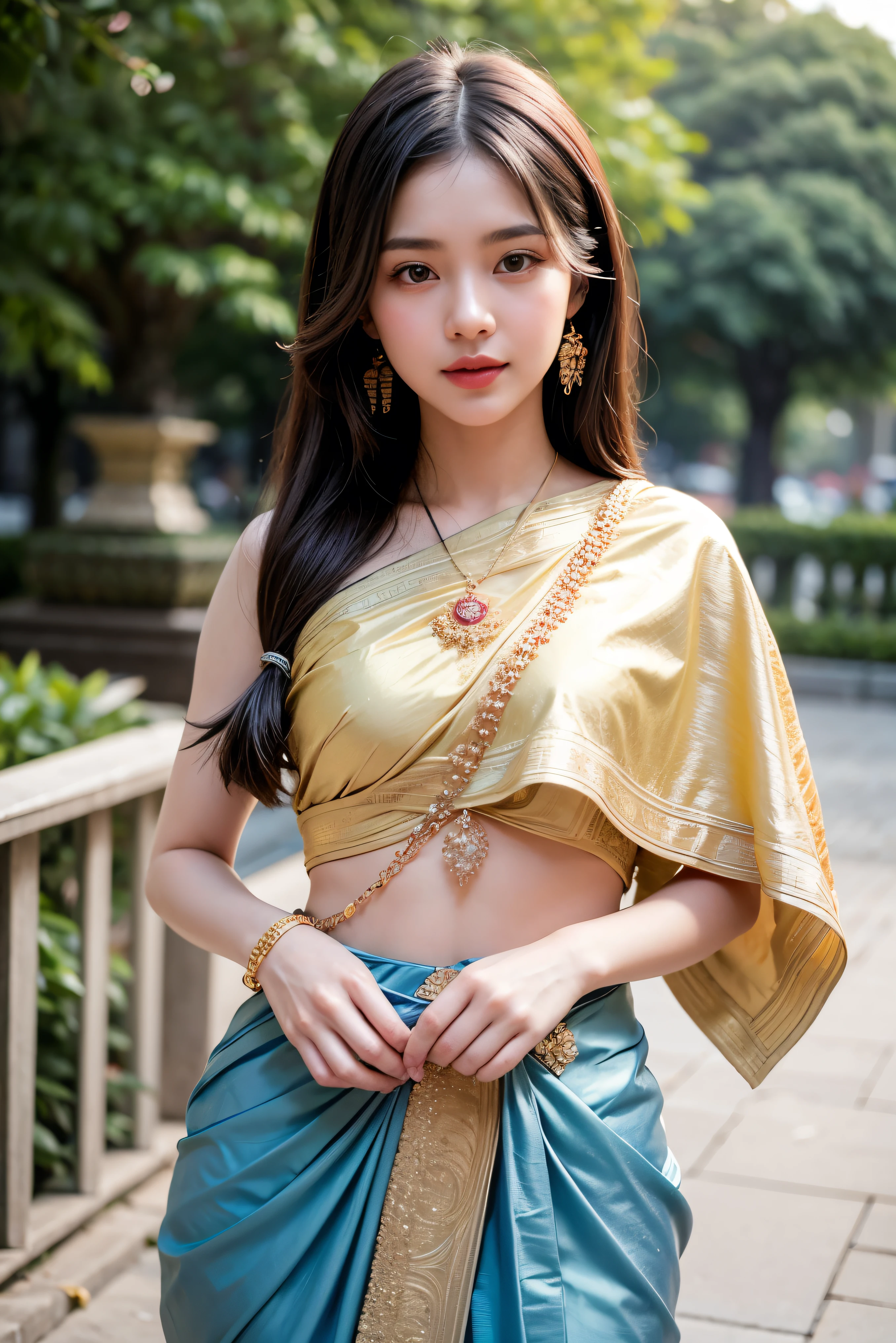 8K, ultra high detailed, an thai girl, cute face, happy, long hair, impressive hairstyle, detailed eyes, detailed lips, indian clothes, saree, golden saree, lace, wearing jewellery, nature background, flowers, afternoon, shadow, clear weather, whole body capture,nsfw