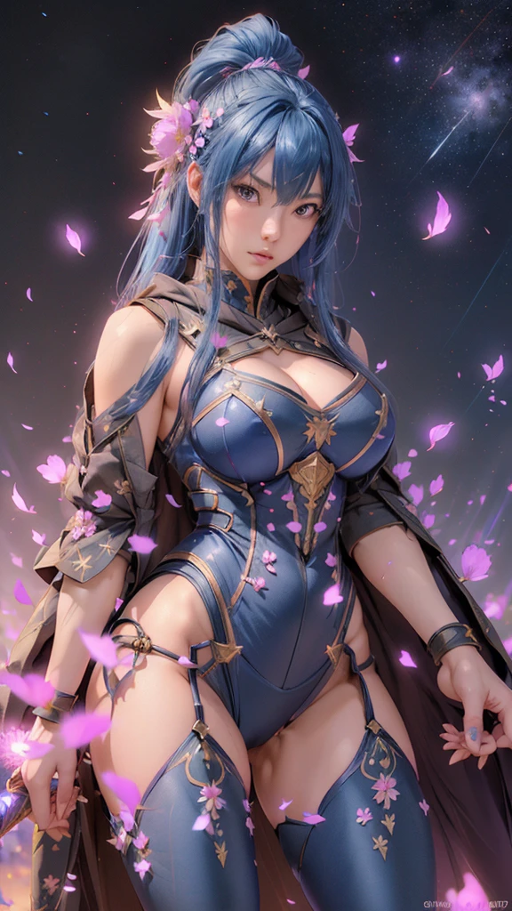  A young Japanese woman , warrior, (serious), Combat Stance, (wielding a sword),  very detailedな, ((hyperrealistic)), (acrobatic pose),  (acrobatic angle),   Brilliant Appearance , Creative Action,  extremely detailed, Imaginative,  sensual,  Spontaneous ,  top quality,  skin texture,  (((long hair))),  
 (((hair over eyes))),  ((midnight blue hair)),   toned body,  ((huge breasts)),  Big Breasts,   plump thighs,   The purple armor with a thistle flower pattern engraved on it is bikini type and is designed to accentuate chest exposure,  ( Wear a black cloak with a thistle flower pattern ),  peplum skirt,   black shin guard with thistle flowers engraved ,  White high-leg underwear ,  Black tights,   absolute domain,  Intricate Details , ( Cinematic Writing ),  Dramatic lighting,  ((A dark night sky with stars in full bloom)),  ((The background is full of blooming thistle flowers )),  (( Large thistle flowers blooming in full bloom on the front )),(confetti),   RAW photos , 8k, masterpiece,   top quality, Ultra Details , very detailed,  Intricate Details , high definition ,超 Intricate Details, very detailed 8k cg wallpaper,