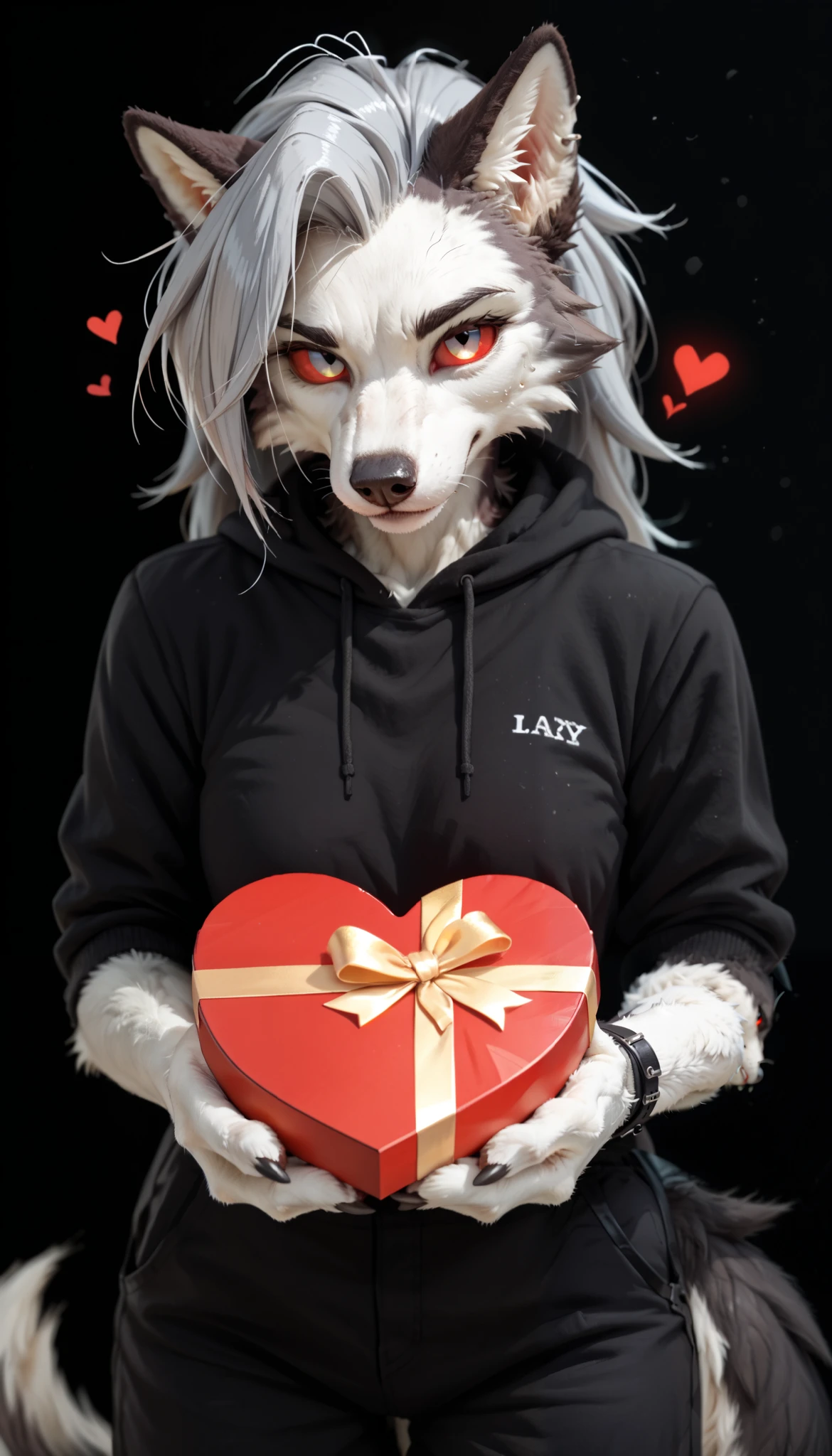 (zPDXL2), (PonyXLV6_Scores), source_anime, Expressiveh, full body shot, BREAK
lhata4564, d3t41l3d, 
furry, anthro,
loona, hellhound, red sclera, looking at viewer, black background, <3,, holding, heart shaped gift box