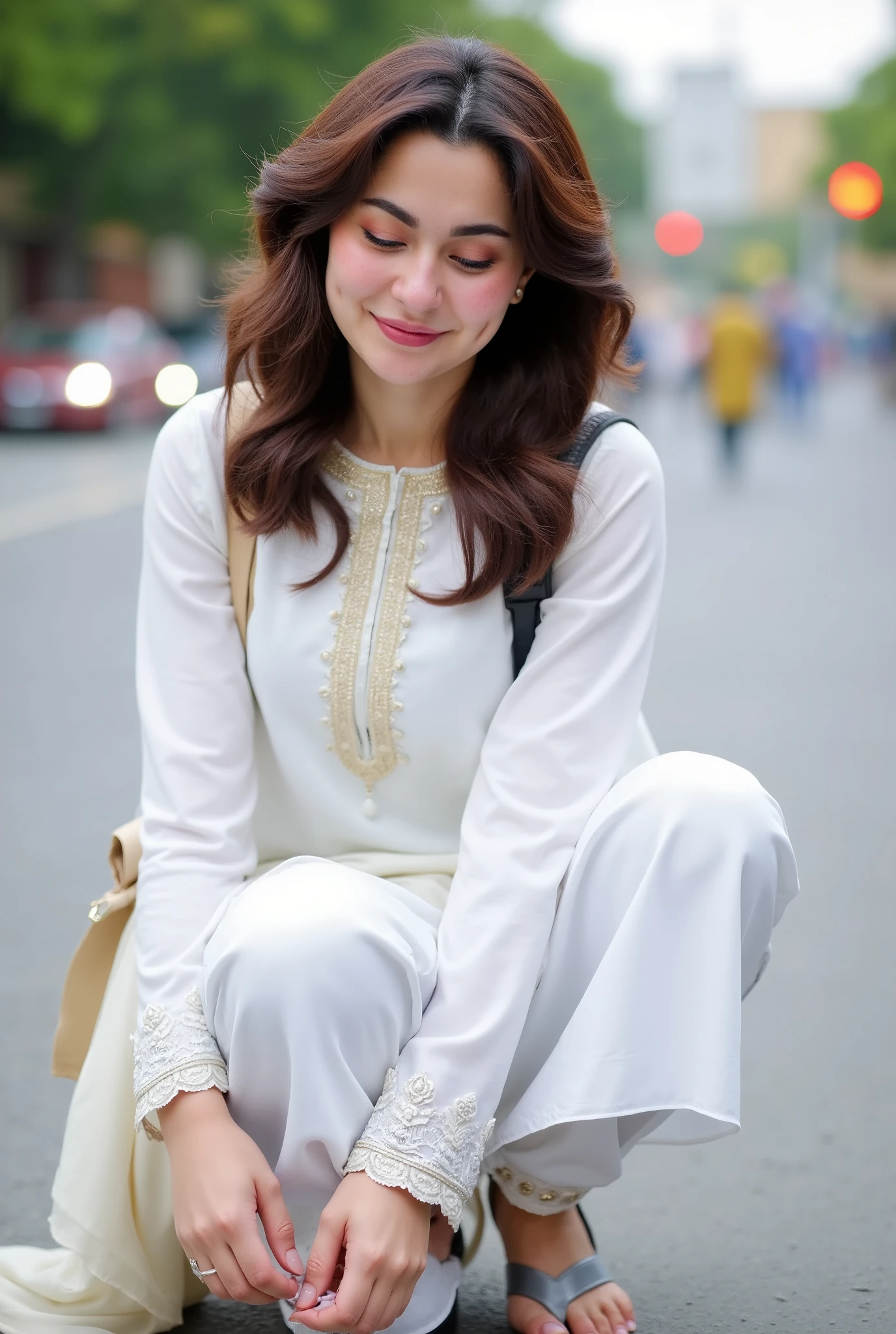 busty Pakistani (Hania Amir),(big breasts), candid photo of A Pakistani busty beauty with pure white school uniform Kurta with dupatta, (Gul Ahmed silk), school bag on her back, hunker down to tying her shoe lace on road, busy Pakistani street, (white shalwar kameez with round neck), (big cleavage), her eyes are on the road